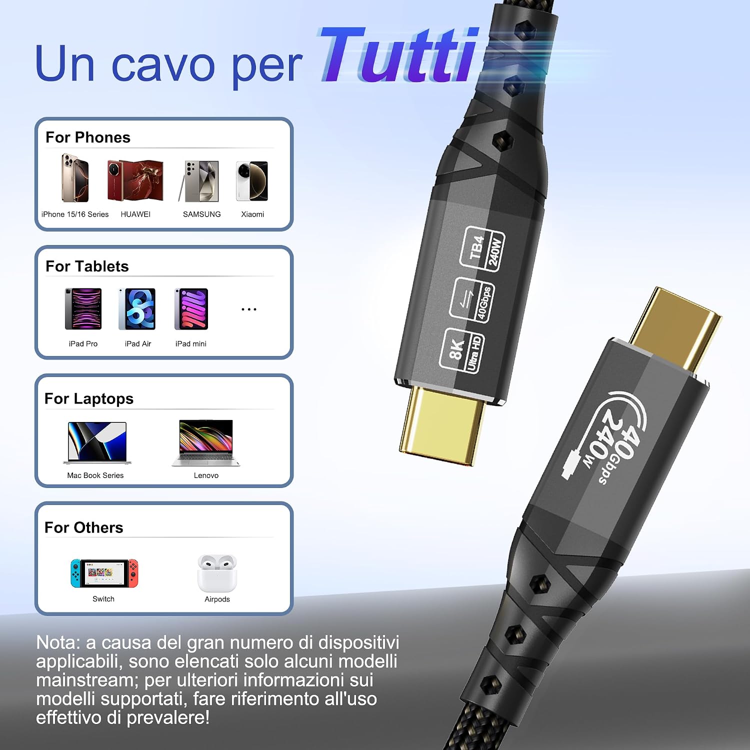 Thumbnail 6 de Cavo Thunderbolt 4 ZIKNYDO da 3 m: 40 Gbps, 8K/4K, PD 240W e USB-C a USB-C