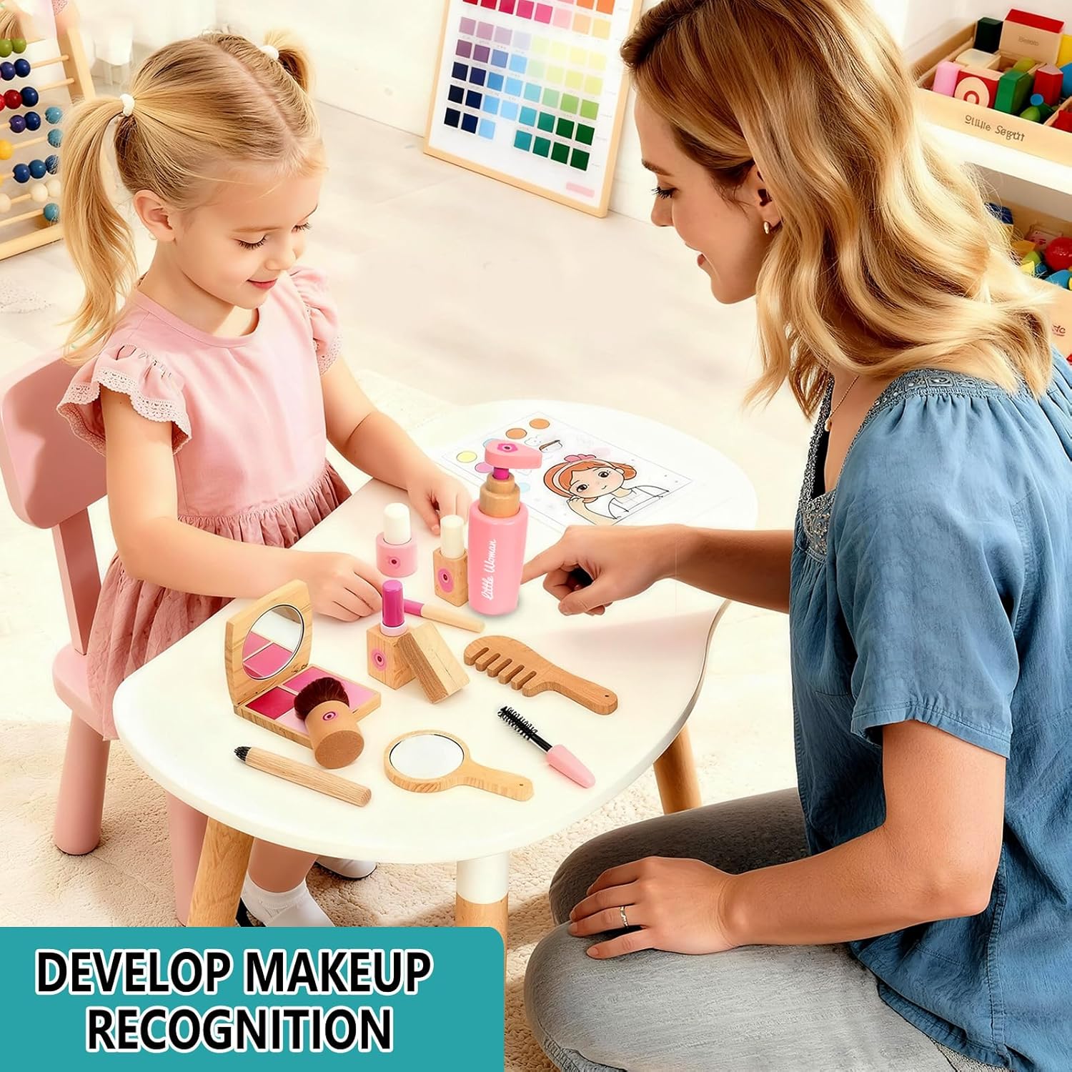 Detalle de Wooden Pretend Makeup Kit for Toddlers — Non-Toxic, Mess-Free Play Set for 1–3 Year Old Girls