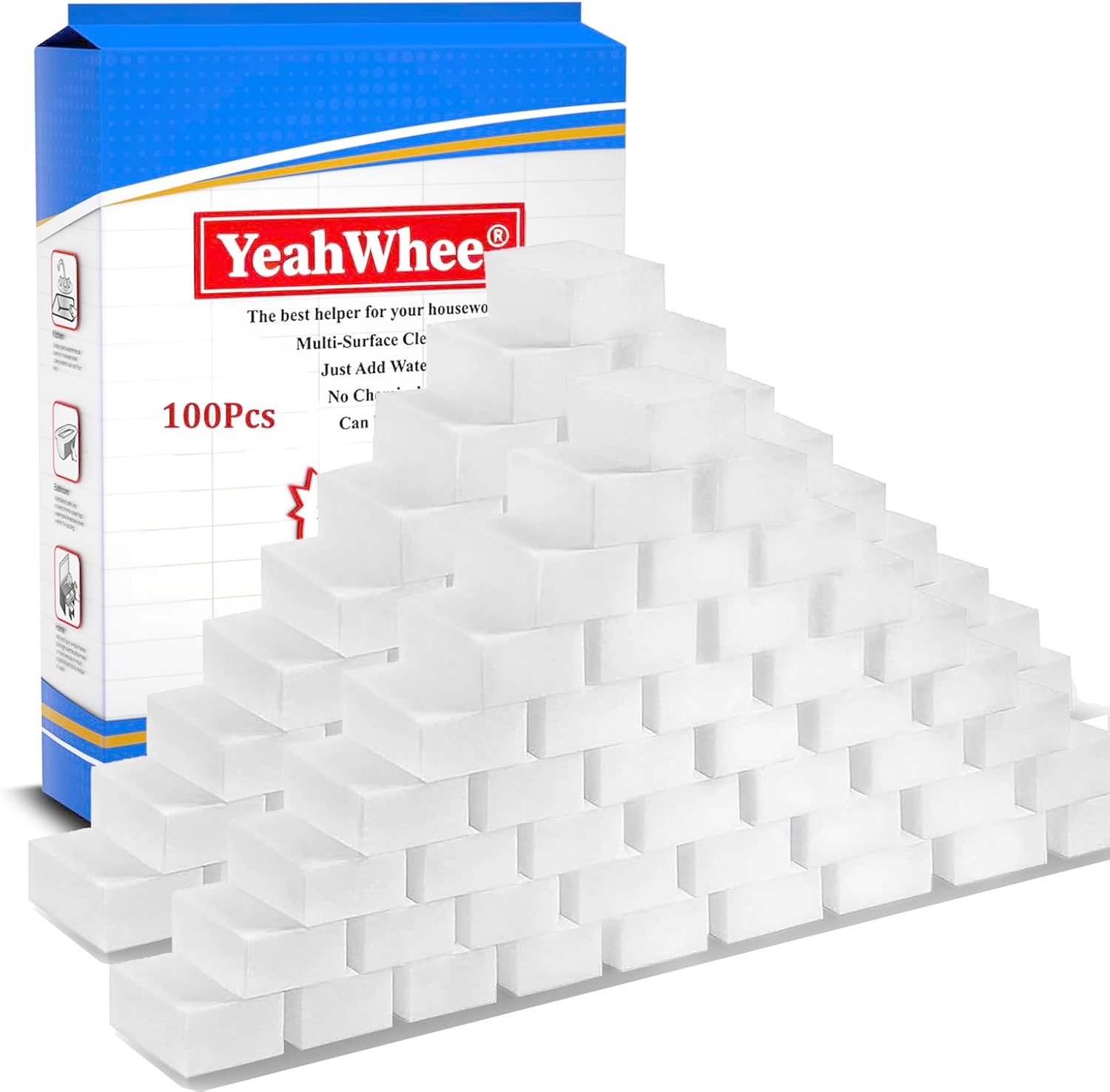Detalle de YeahWhee PUS100 melaminesponzen, 100 stuks, wit en herbruikbaar