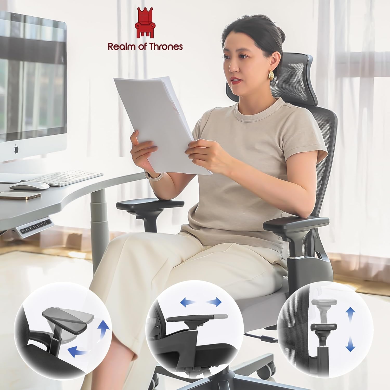 Thumbnail 3 de Realm of Thrones AVALON Ergonomic Office Chair with 3D headrest, adjustable lumbar support and mesh back (Black)