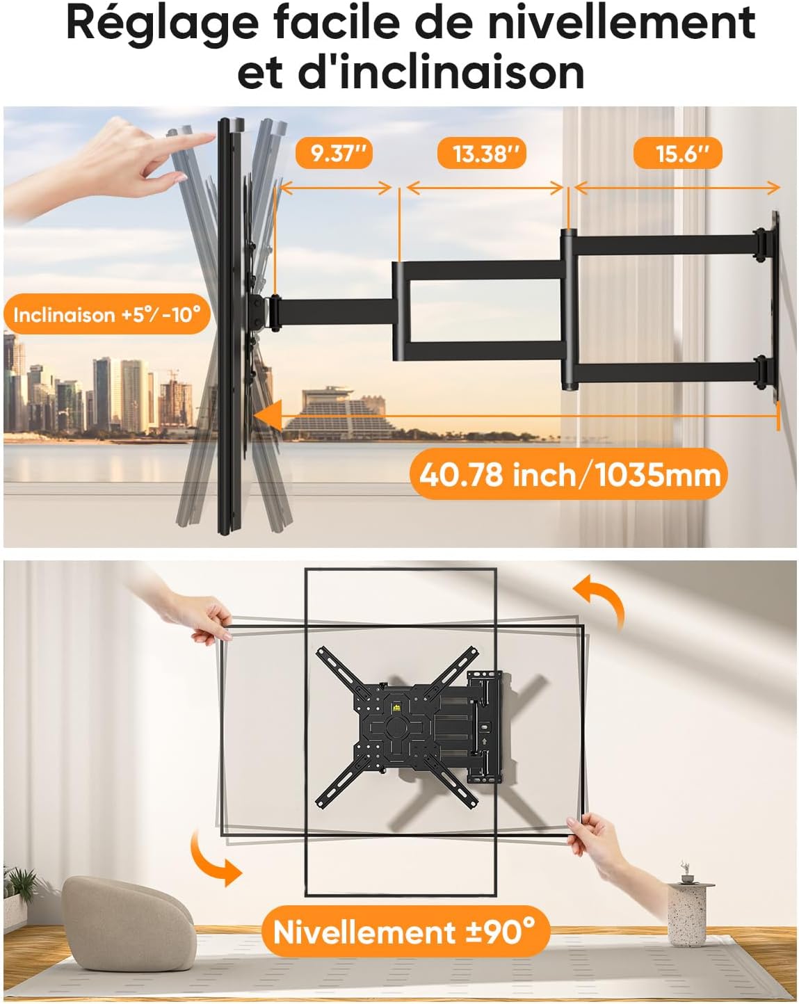Detalle 1 de FORGING MOUNT Support mural TV longue portée pour angles (26 à 65 pouces) – Rotation portrait/paysage, VESA jusqu’à 400x400 et jusqu’à 35 kg