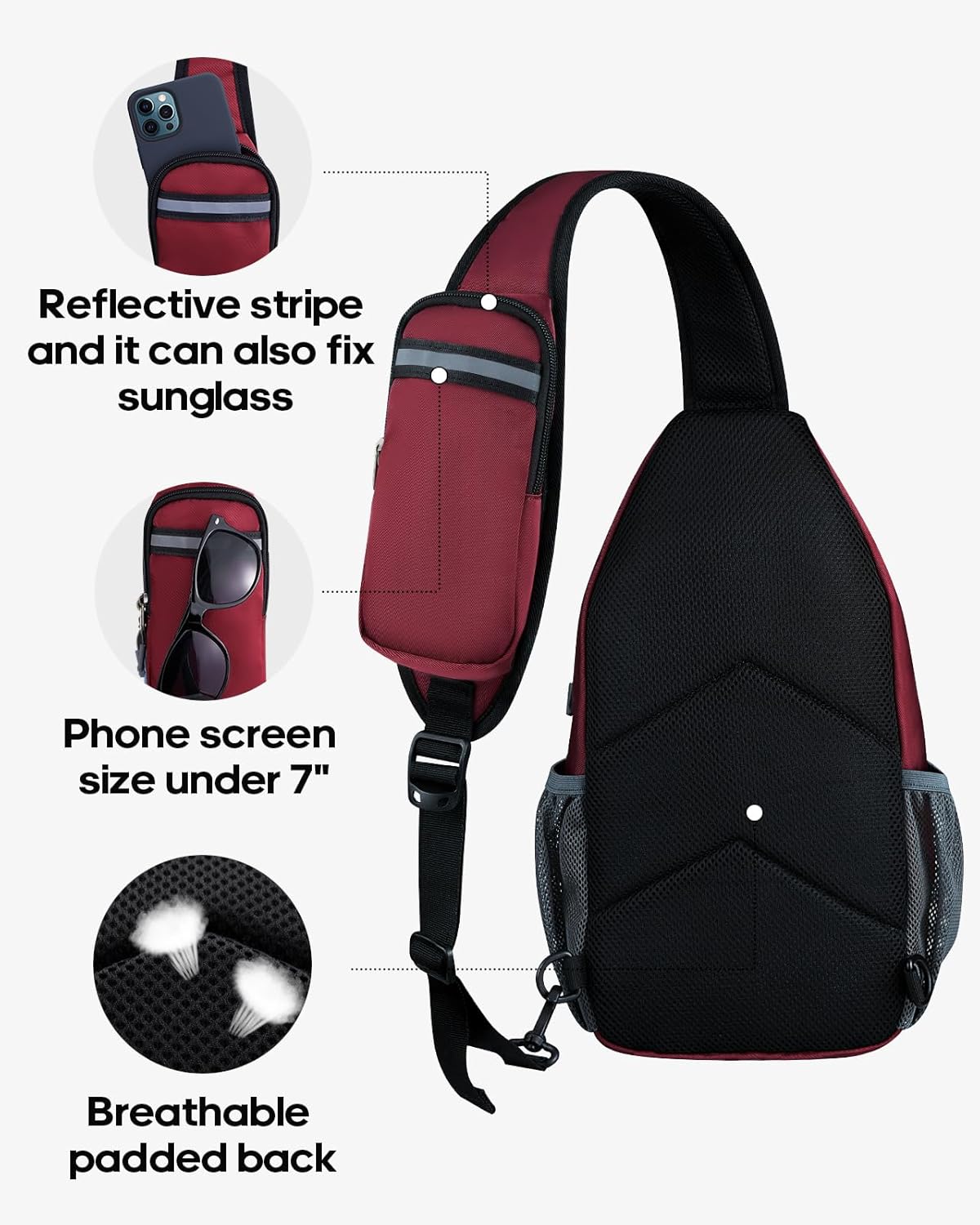 Thumbnail 4 de WATERFLY Crossbody Sling Backpack Sling Bag Travel Hiking Chest Bag Daypack (Dark Red)