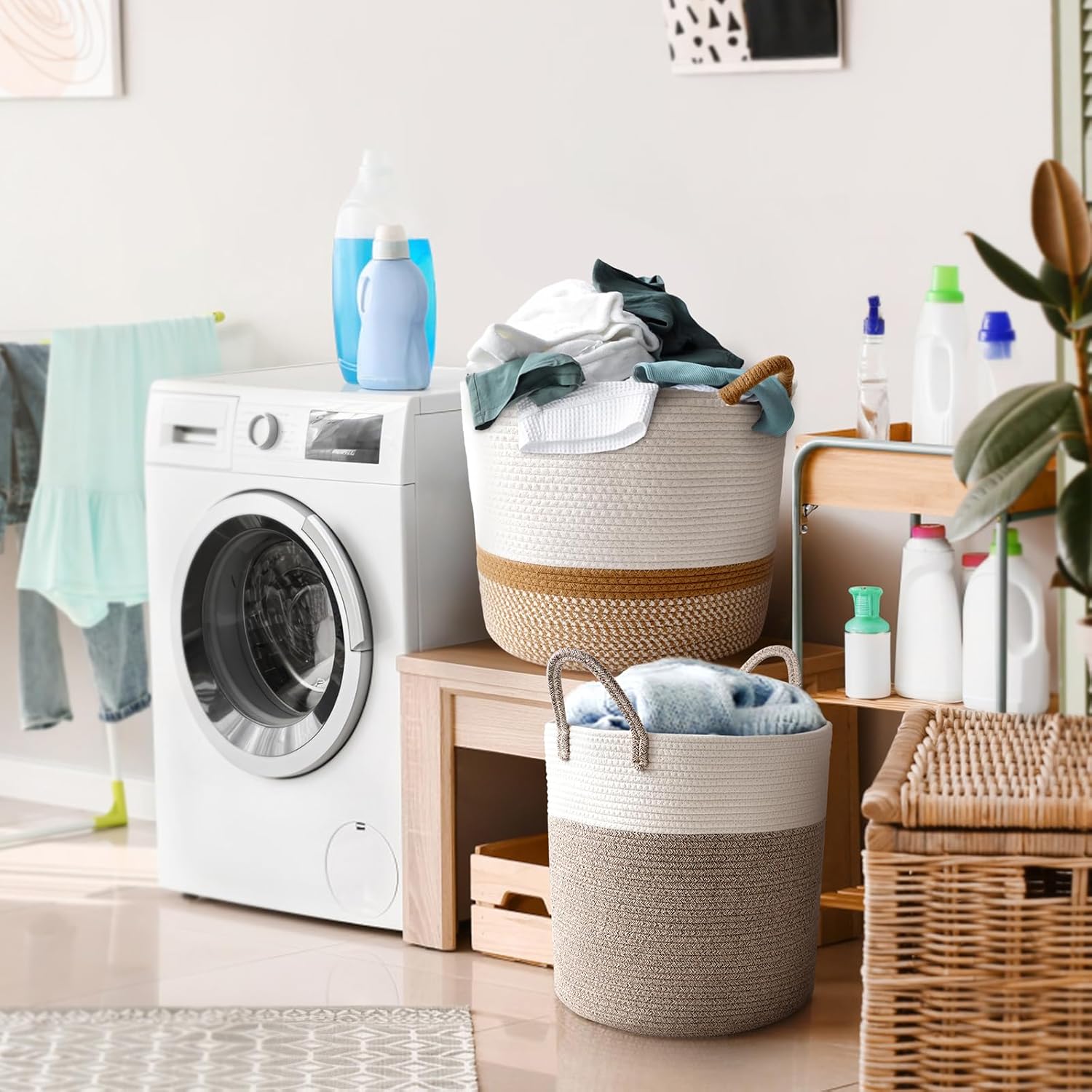 Detalle de Purecas großer Wäschekorb aus Baumwollseil mit Henkel (36x40 cm) – braun, tragbarer Aufbewahrungskorb für Bad, Kinderzimmer & Wohnzimmer