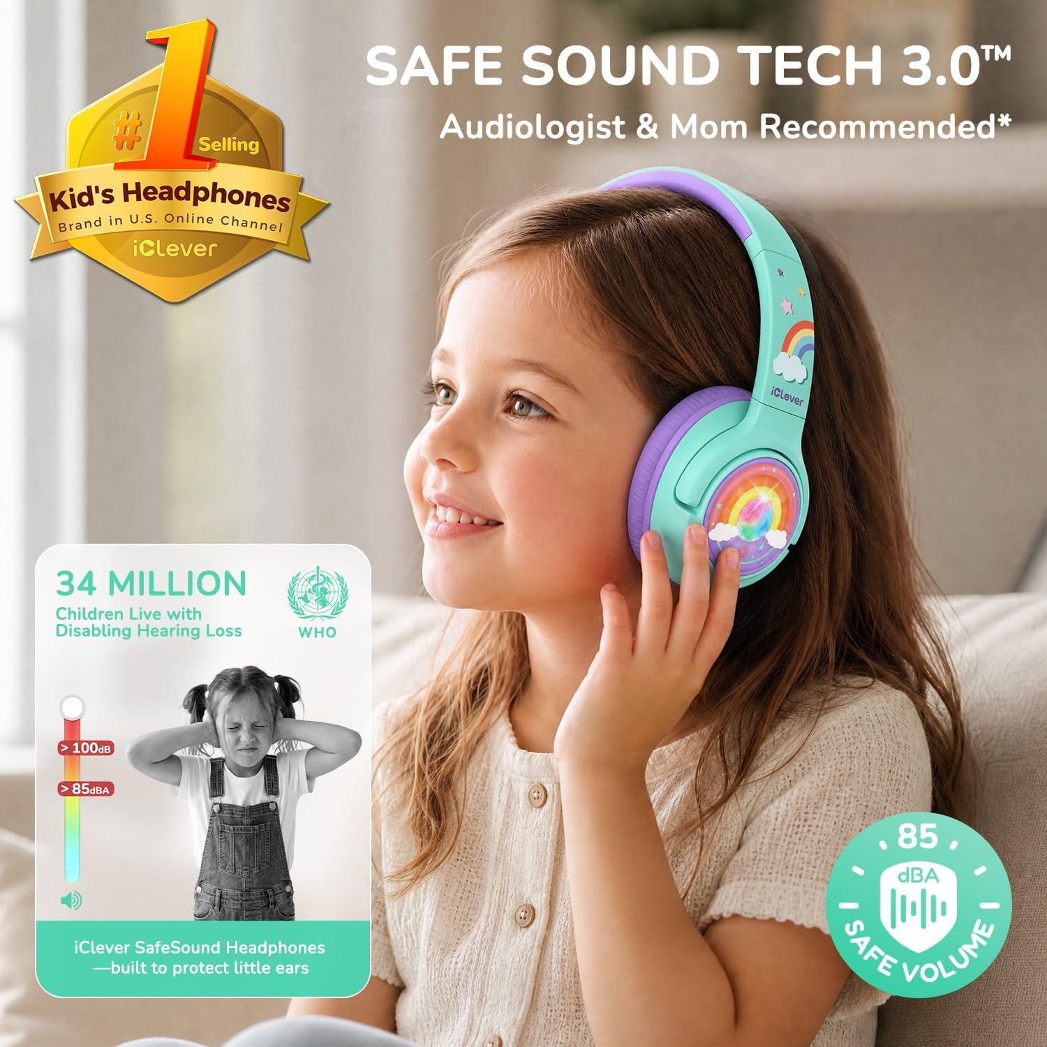 Detalle 2 de iClever Kids Bluetooth Headphones, 48-Hour Playtime