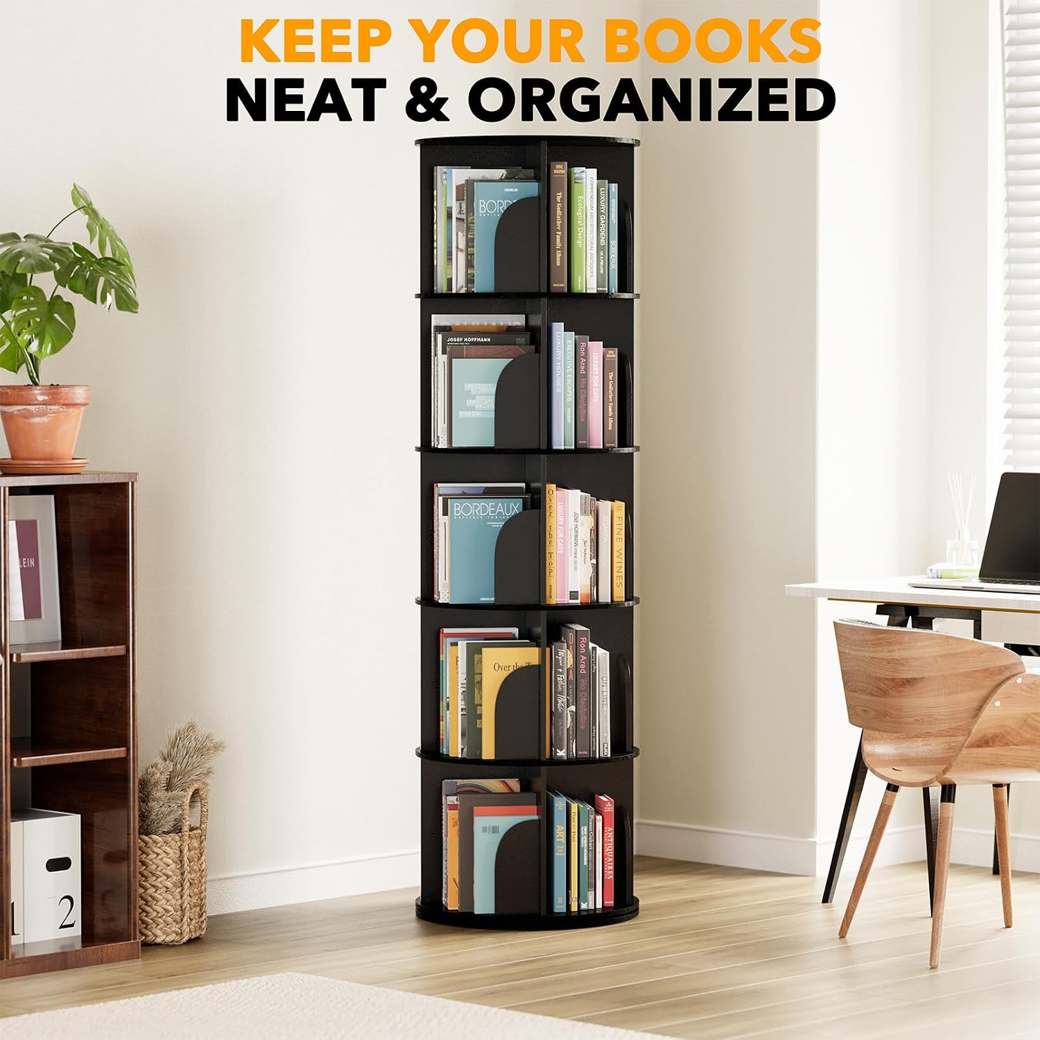 Detalle de SpaceAid 5-Tier Rotating Bookshelf Tower (Lazy Susan Spinning Bookcase) in Black