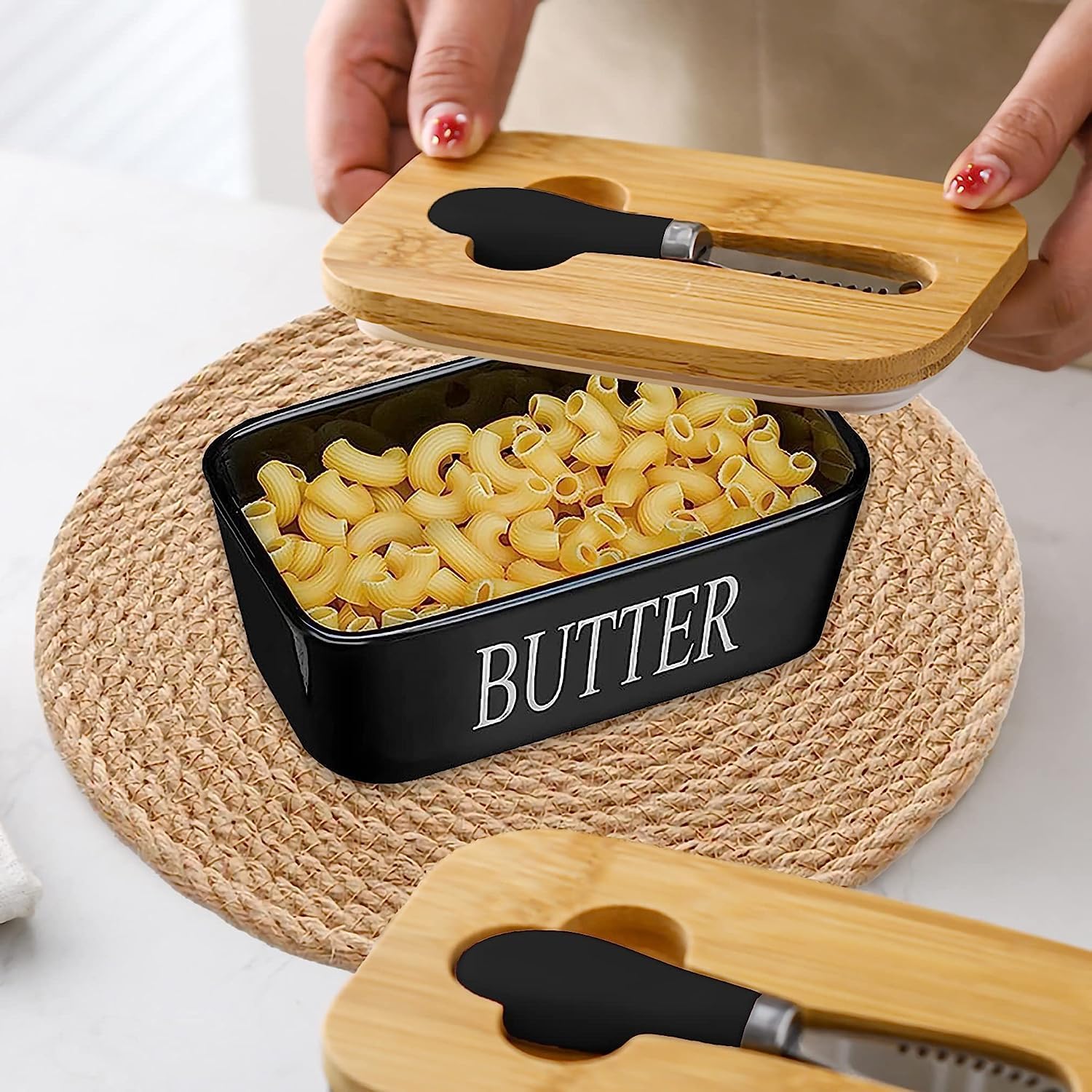 Thumbnail 4 de Ceramic Butter Dish with Wooden Lid and Knife