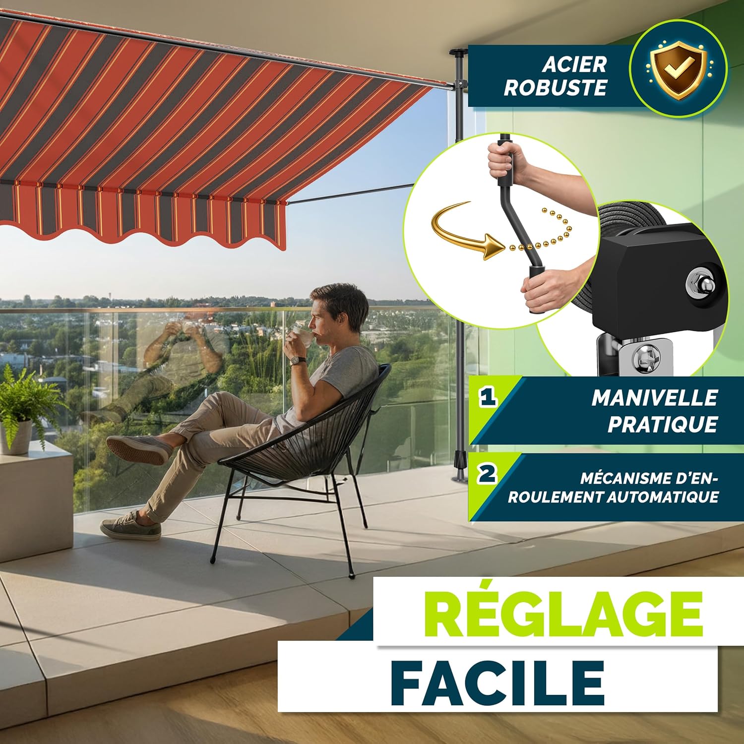 Thumbnail 4 de Store banne manuel rétractable tillvex avec manivelle (Orange/Anthracite) – marquise de balcon sans percement – 200 cm