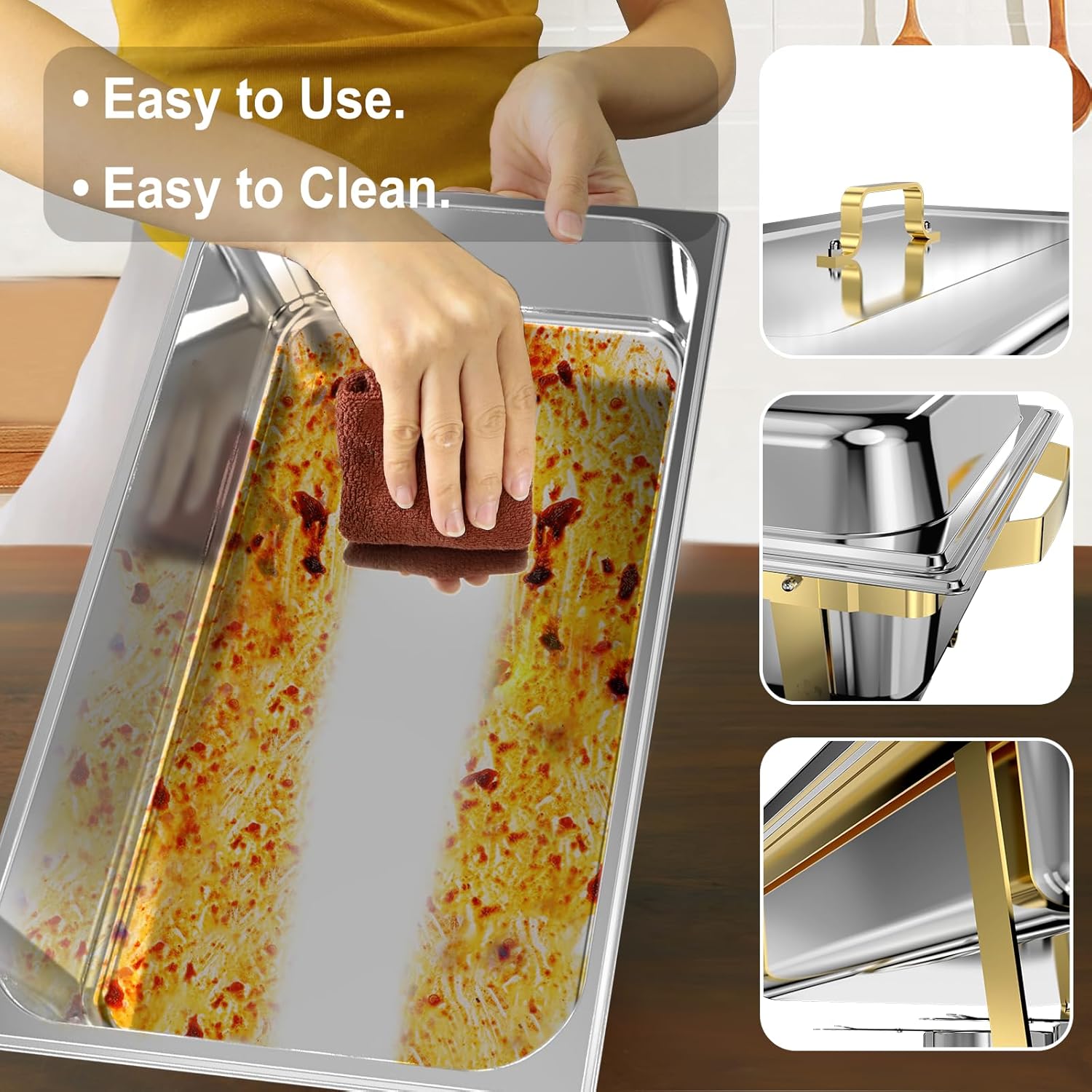 Detalle 2 de Chafing Dishes for Buffet 4 Pack, 11QT Square Stainless Steel Food Warmers with Gold & Silver Accents