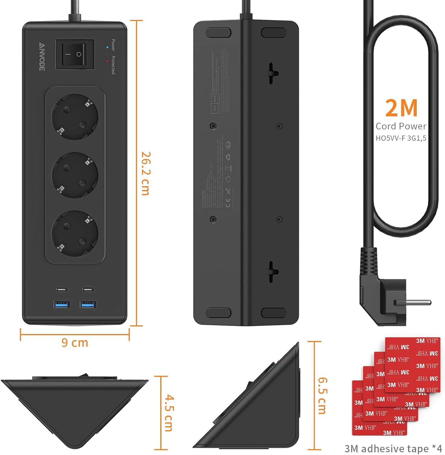 Thumbnail 6 de Ecksteckdose mit USB-A & 2× USB-C (3-fach) – Ecksteckdosenleiste mit Schalter und 2-m-Kabel