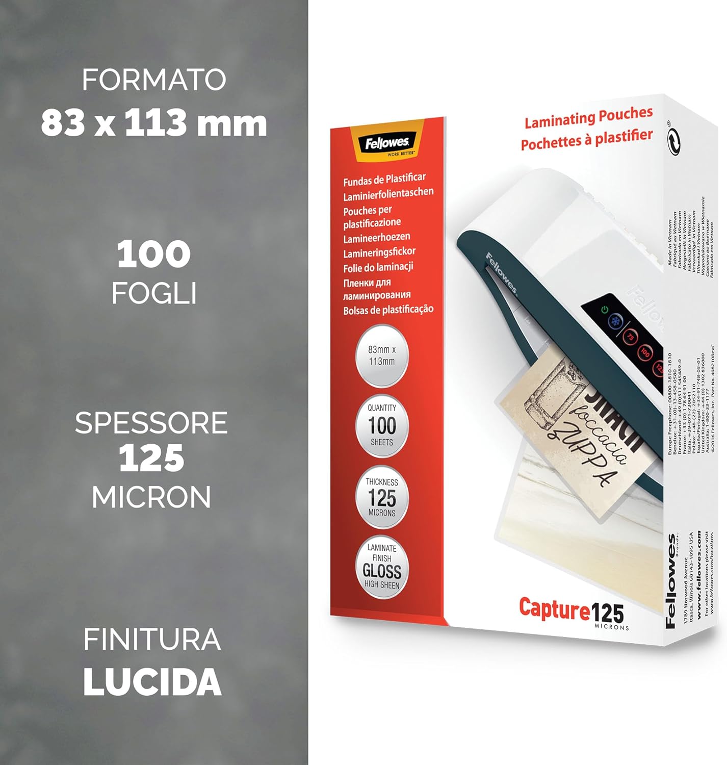 Detalle 2 de F Fellowes 5307101 Pouches Lucide Capture125 83x113 mm, 125 Micron, confezione da 100
