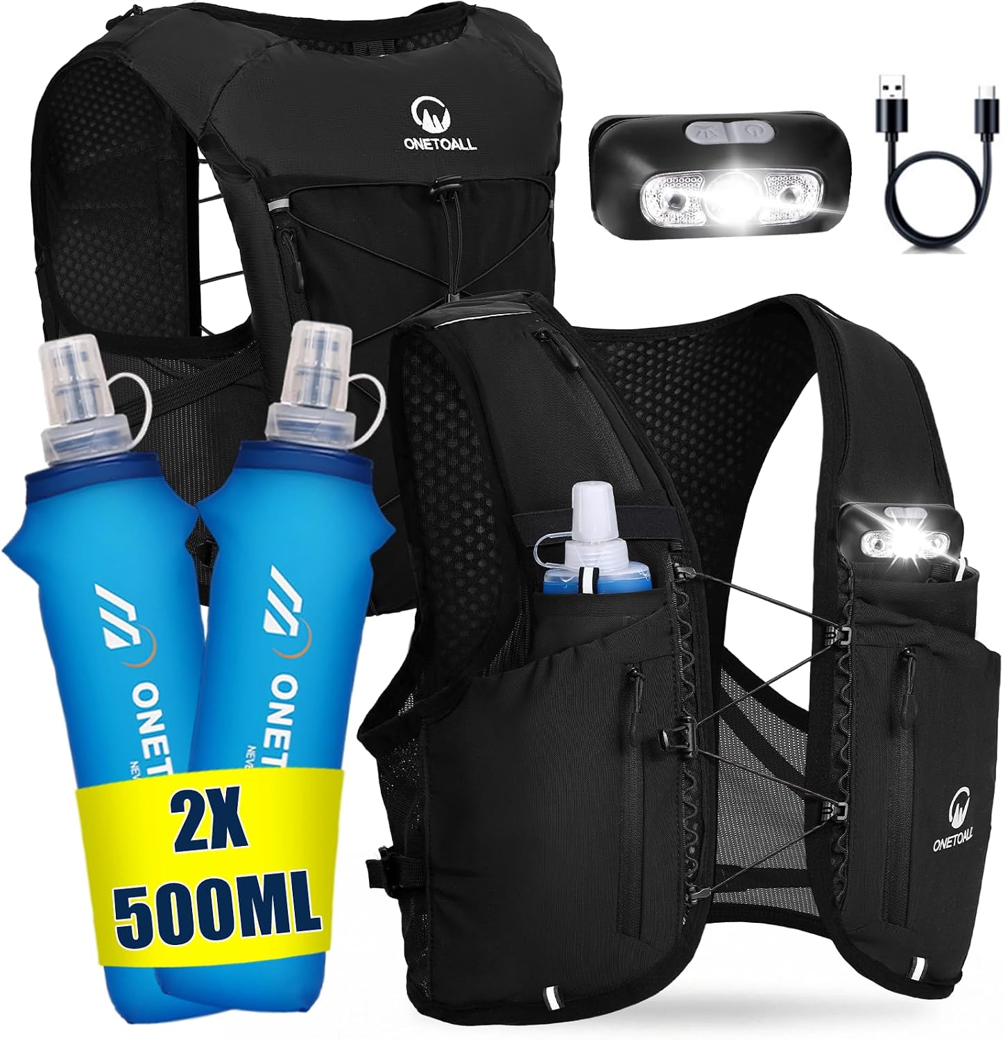 Detalle de ONETOALL Gilet Running: zaino/gil® per trail con 2 borracce, LED e comfort ultraleggero