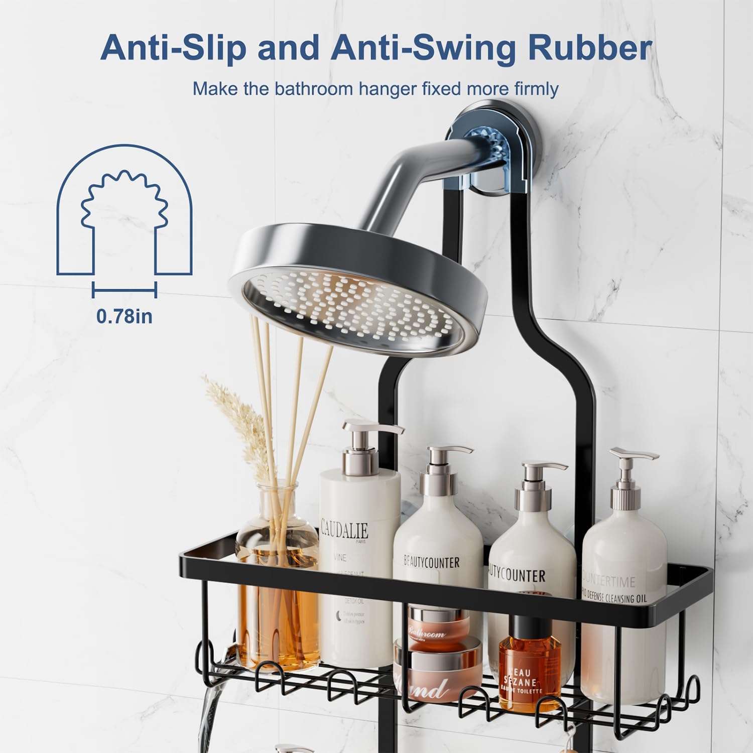 Detalle de Ruhetfam Shower Caddy Hanging Stainless Steel Organizer, 3 Baskets, 16 Hooks