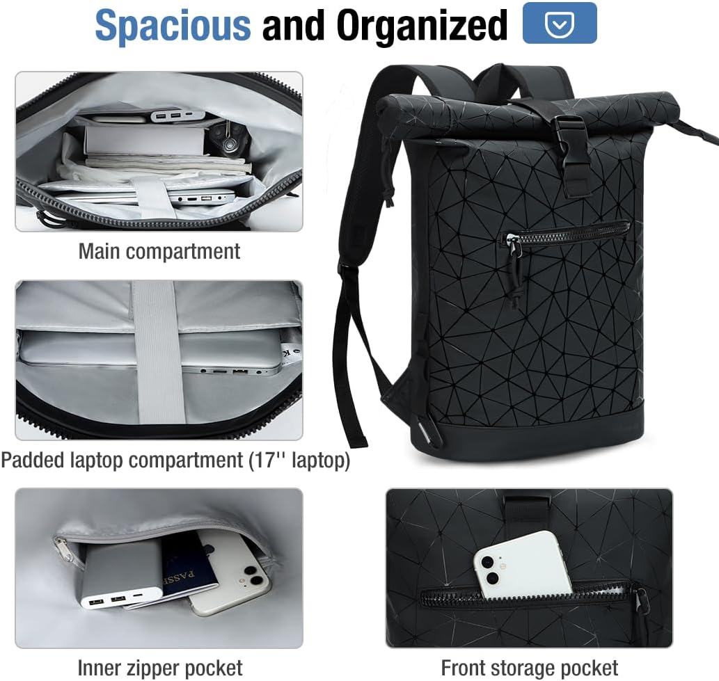 Detalle de Lekeinchi Rolltop Rucksack Wasserdicht – 17 Zoll Laptop, Großes Fassungsvermögen, Damen & Herren, Reiserucksack im Rautenmuster