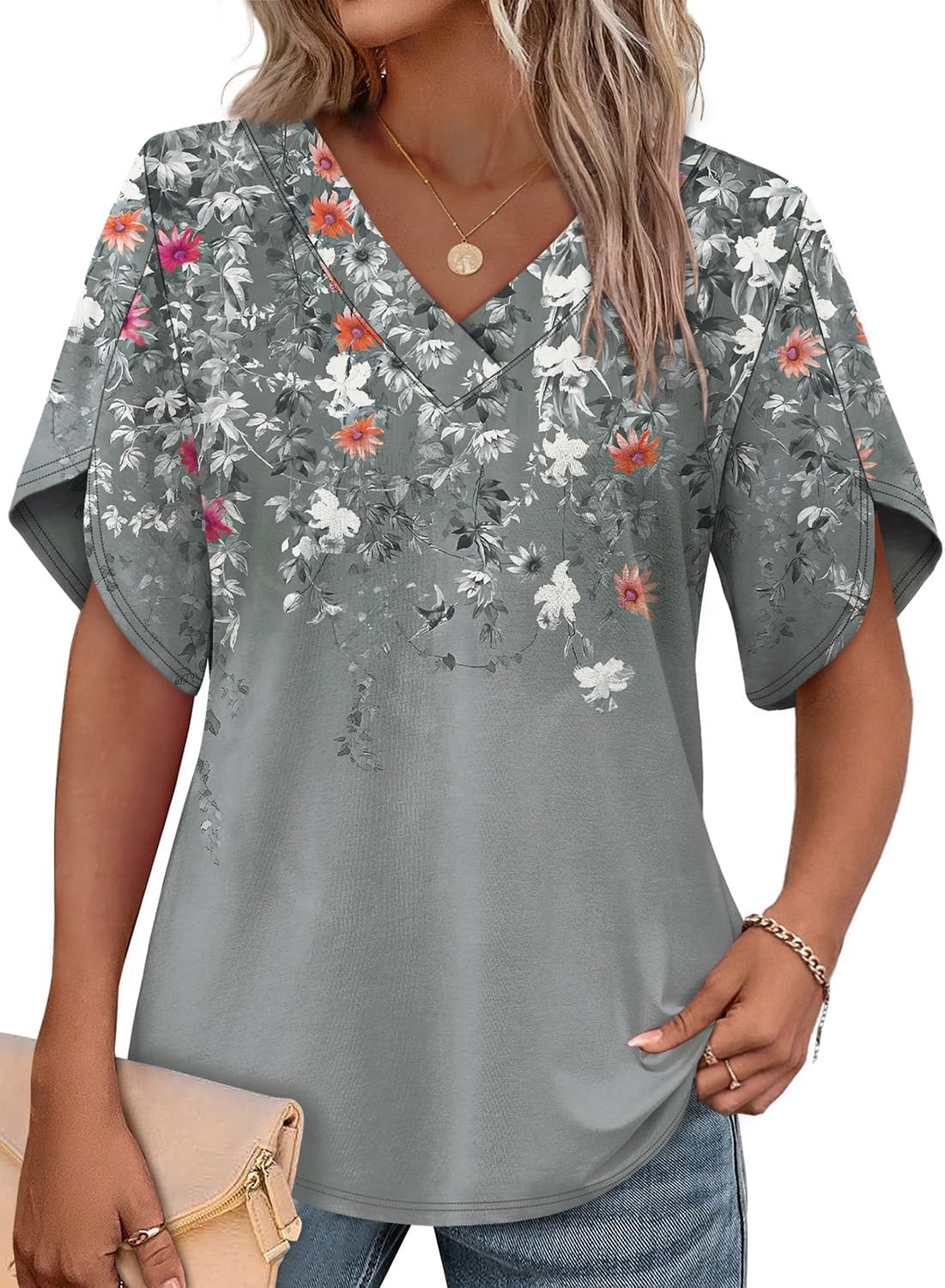 Detalle de WIHOLL Women’s V-Neck Split Petal Sleeve Summer Top