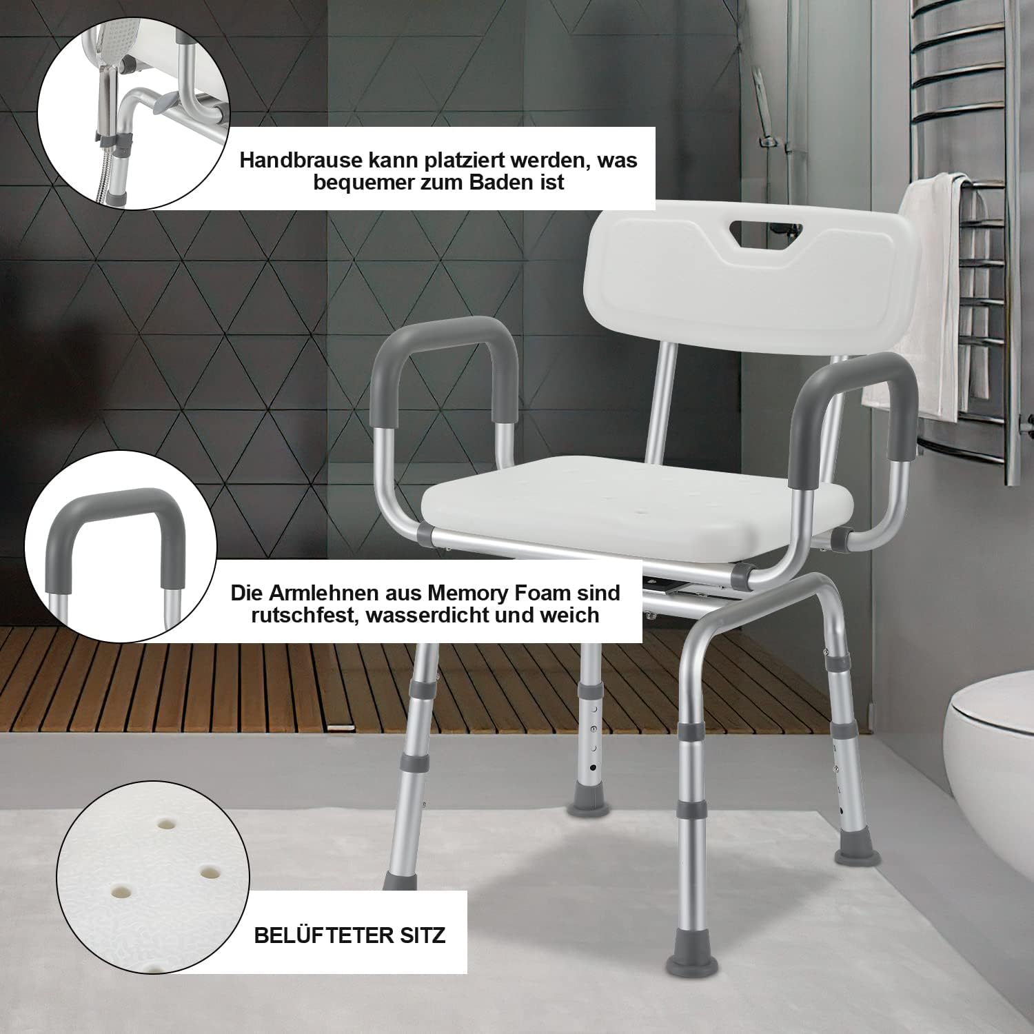 Thumbnail 5 de Sonnewelt sgabello da doccia girevole a 360° con schienale, bracciolo e altezza regolabile 40–48 cm