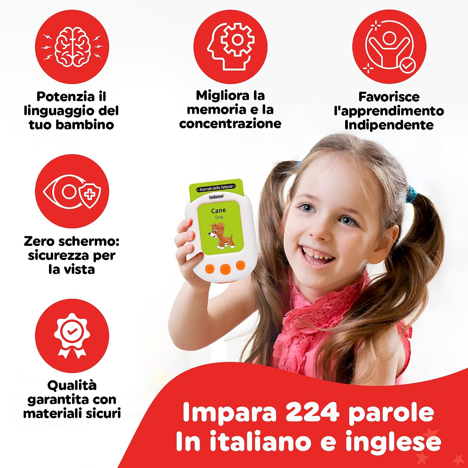 Detalle 2 de Carte Parlanti Montessori Italiano–Inglese di LUDAZON: 224 vocaboli e 18 temi educativi per 2–6 anni