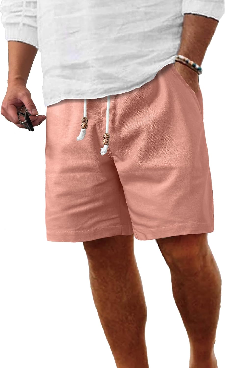 Detalle de Comdecevis Men’s Linen Shorts with Elastic Waist, Drawstring & Pockets (Cotton-Linen Blend)