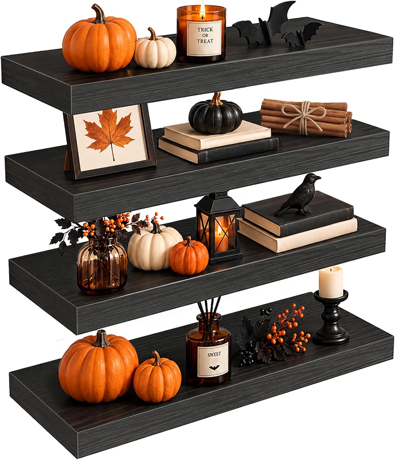 Detalle de Fixwal Black Floating Shelves for Wall (Set of 4) — Rustic Wood Style Storage & Decor Shelves, 15.8 Inch