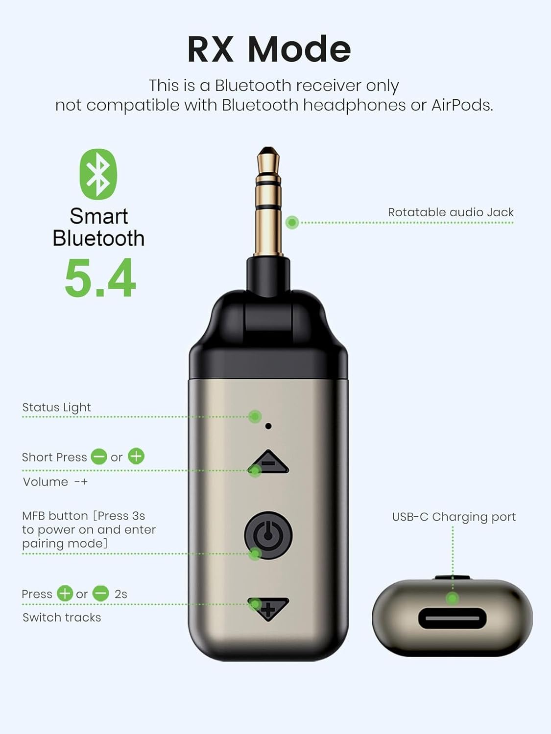 Detalle de HVMLAK Air88 Aux Bluetooth 5.4 Adapter Auto – kabelloses Audio für unterwegs, rotierender 3.5 mm Anschluss