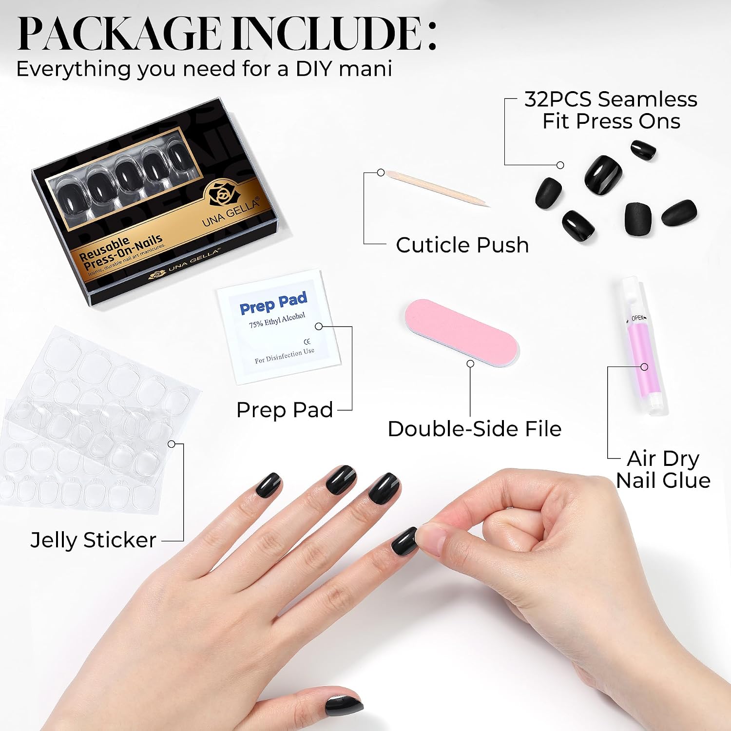 Detalle de UNA GELLA UG-B015 Press-On Nails, Short Round Glossy Black, 32-Piece