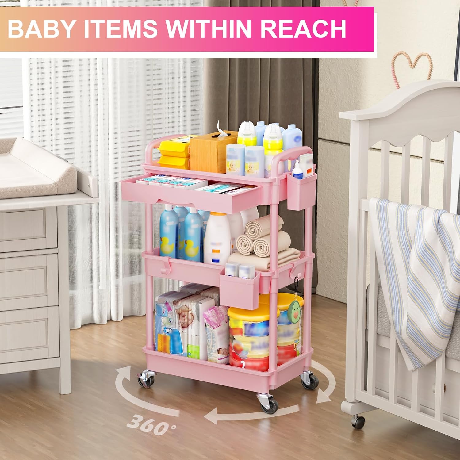Detalle de Goovilla GV-UC03PK 3-Tier Rolling Utility Cart with Removable Drawer, Pink