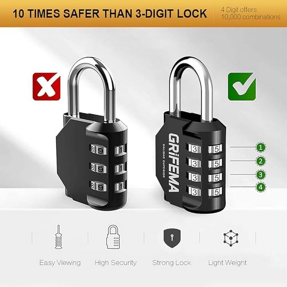 Thumbnail 3 de GRIFEMA GA1001 4-Digit Combination Padlock – 2 Pack, Zinc Alloy, Weatherproof