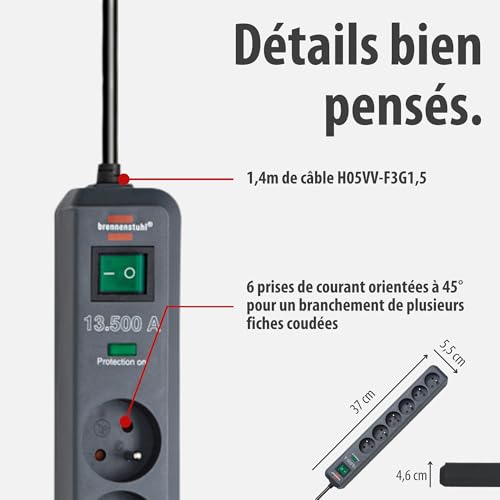 Detalle de Brennenstuhl Bloc multiprise Eco-Line 6 prises en quinconce – 1,5 m, H05VV-F