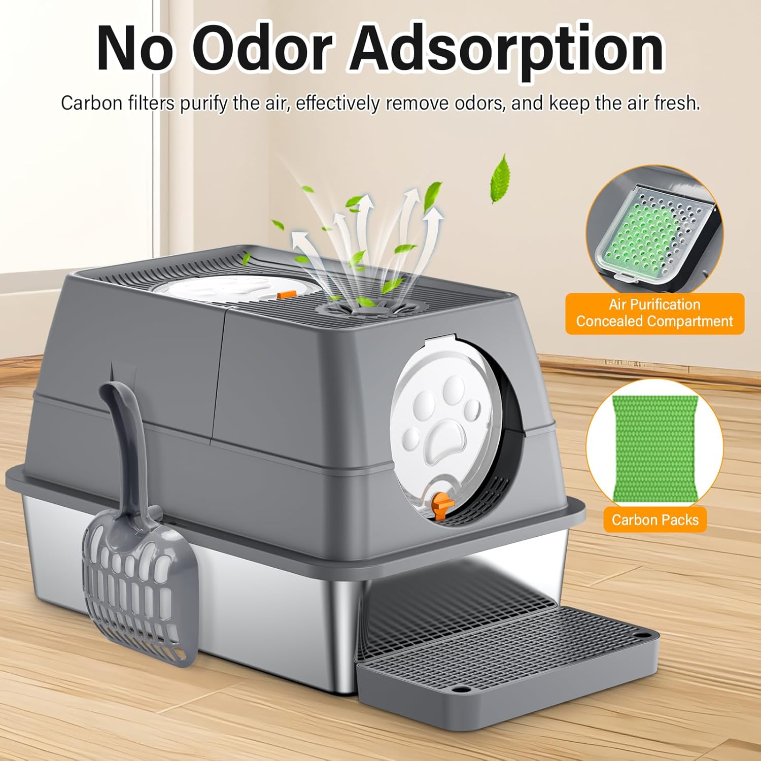 Thumbnail 5 de QEANY lettiera per gatti in acciaio inox XXL con coperchio 60 x 40 x 39 cm, grande e chiusa (con pala e tappetino)