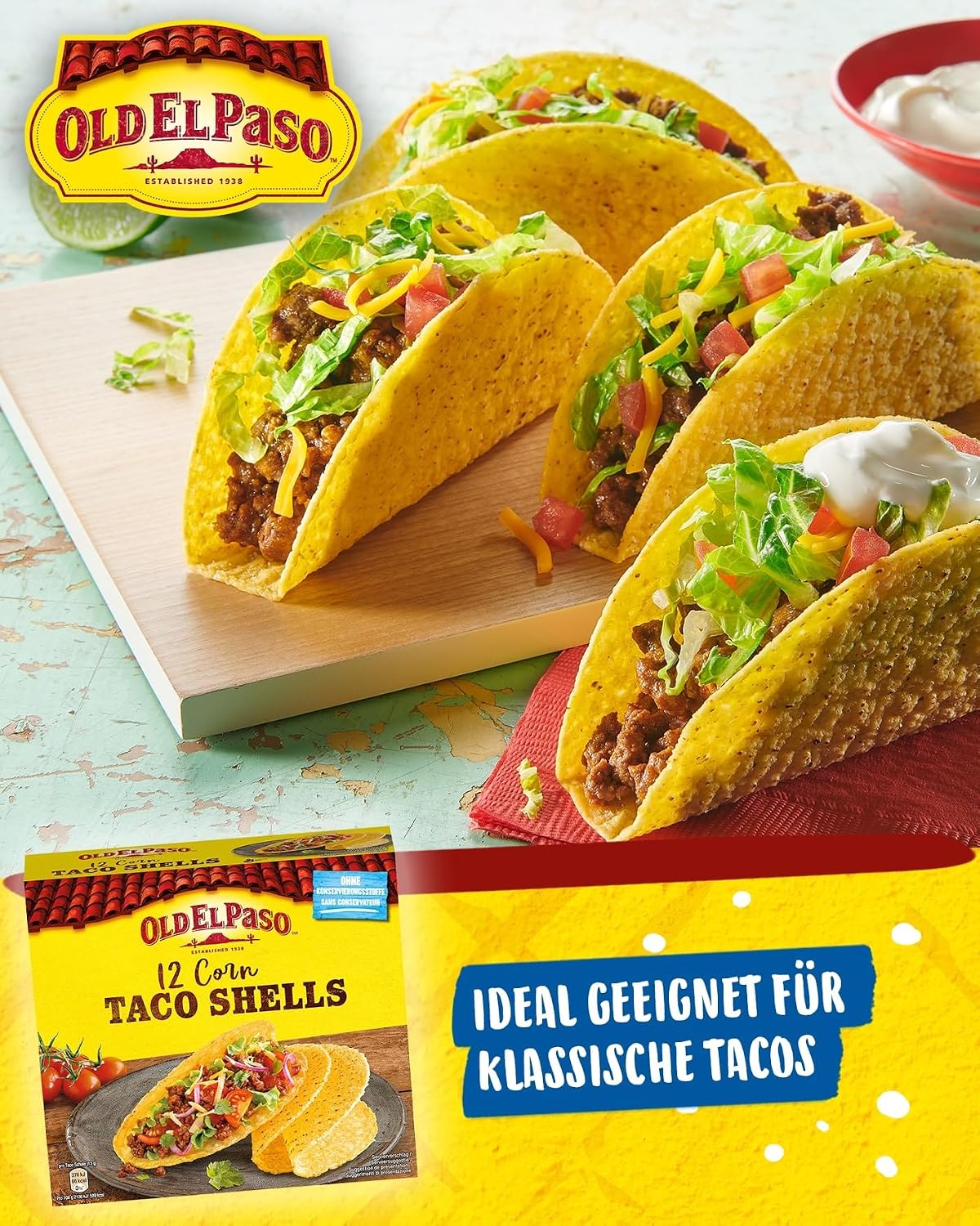 Detalle de Old El Paso Taco Shells glutenfrei – Mais-Tortillas in Schalenform, Packung mit 4