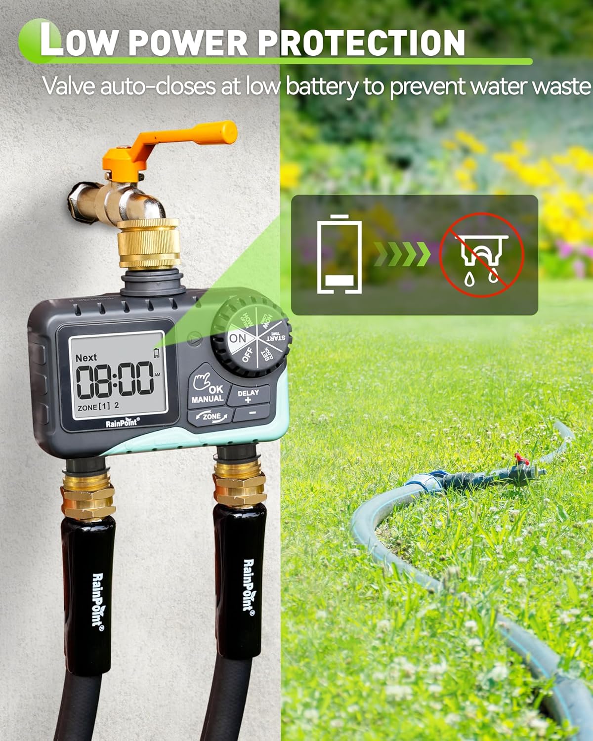 Detalle 2 de RAINPOINT Water Timer 2 Outlets – IP65 garden hose irrigation timer with brass inlet/outlet