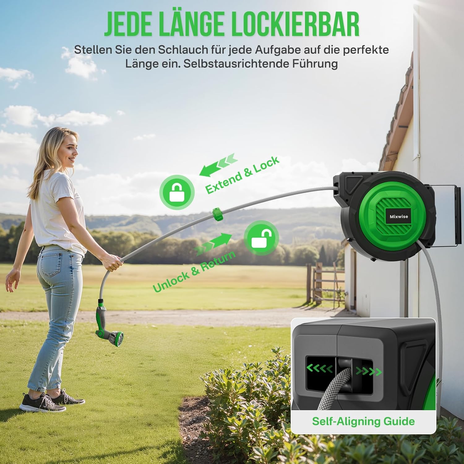 Detalle de Schlauchtrommel Gartenschlauch RollUp mit 180° Schwenkbarem Halter, 20 m Schlauch, 10‑fache Düse und automatischem Rückzug