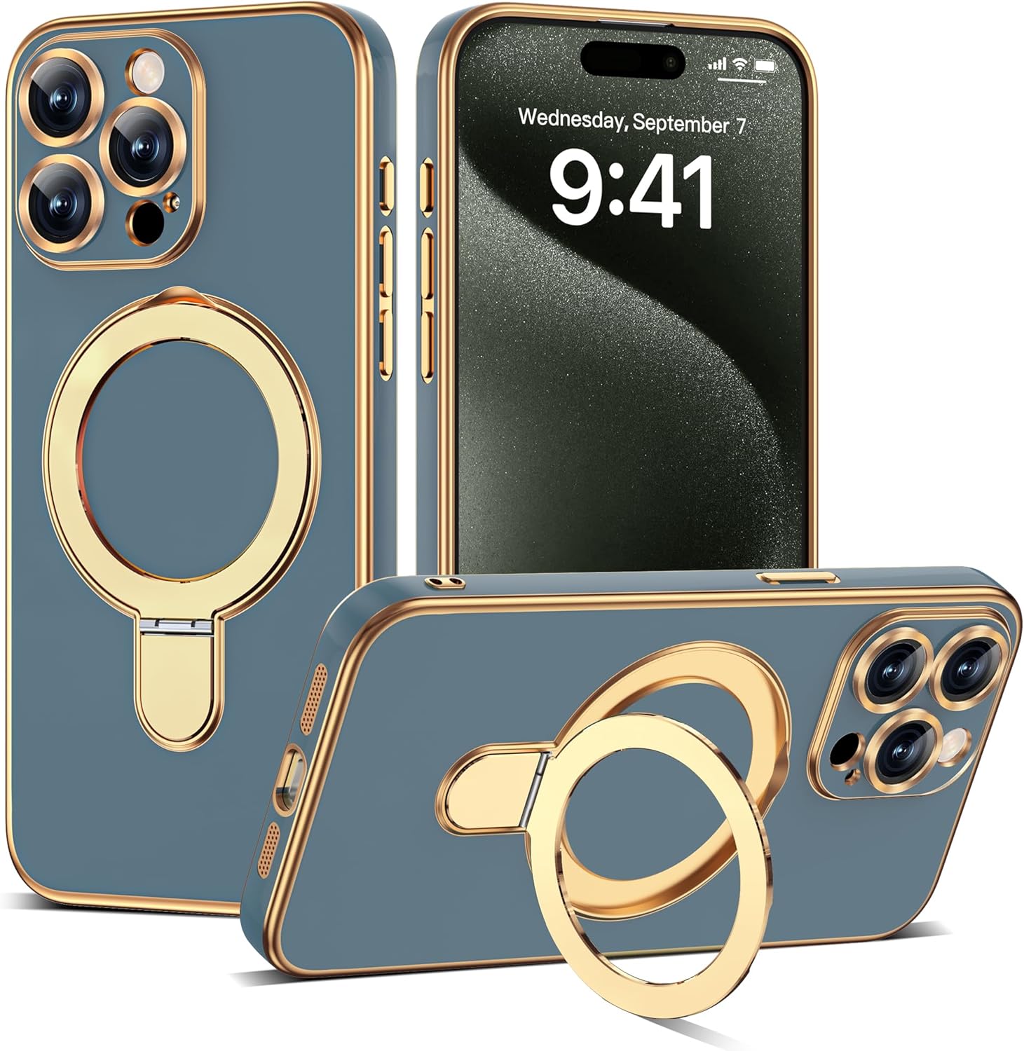 Detalle de ETPESOK Plating Case with Magnetic Ring Stand for iPhone 15 Pro Max (Grey Blue)