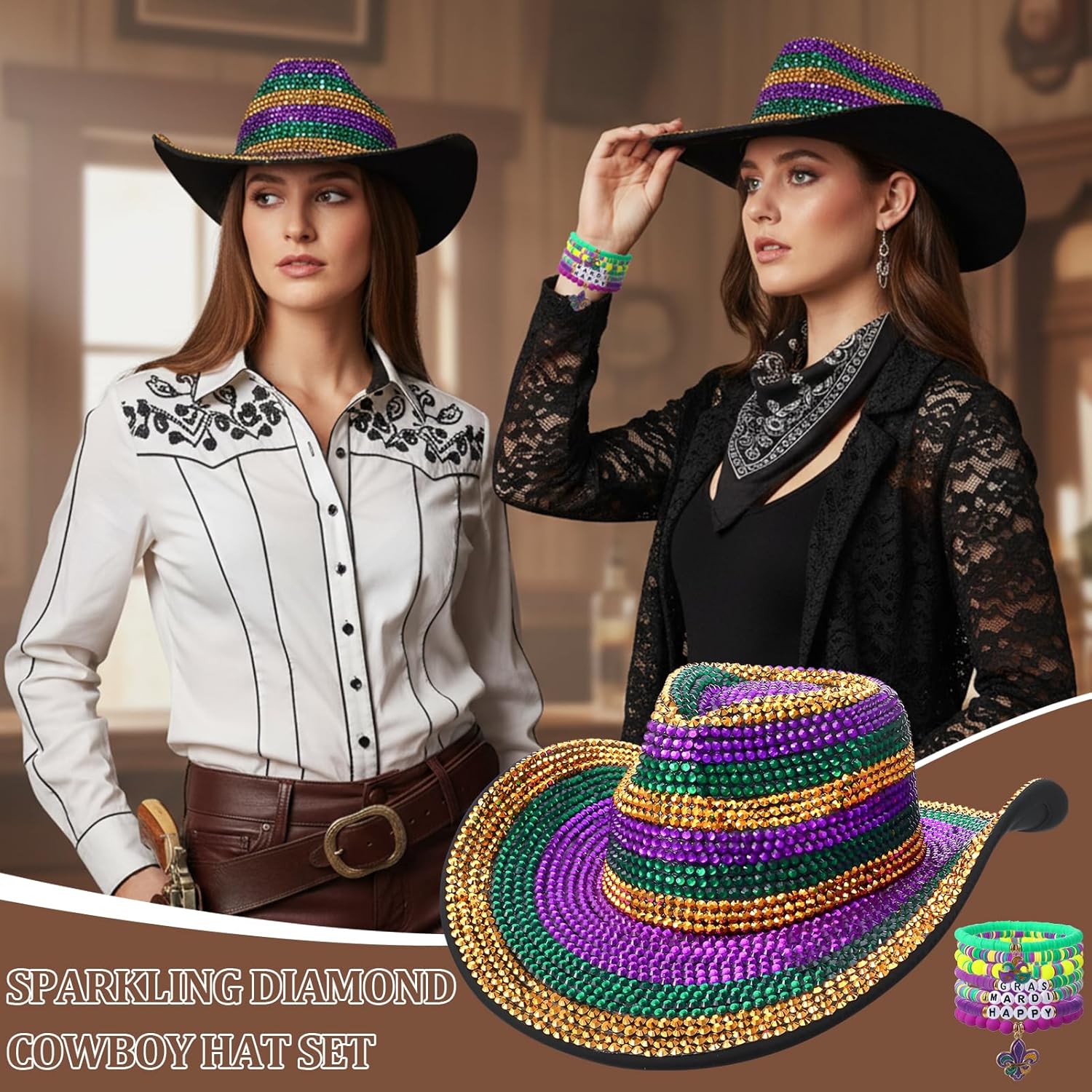 Detalle de Meng Jiaran Glitter Sequin Cowboy Hat with Bead Bracelets – Unisex Festival Accessory Set