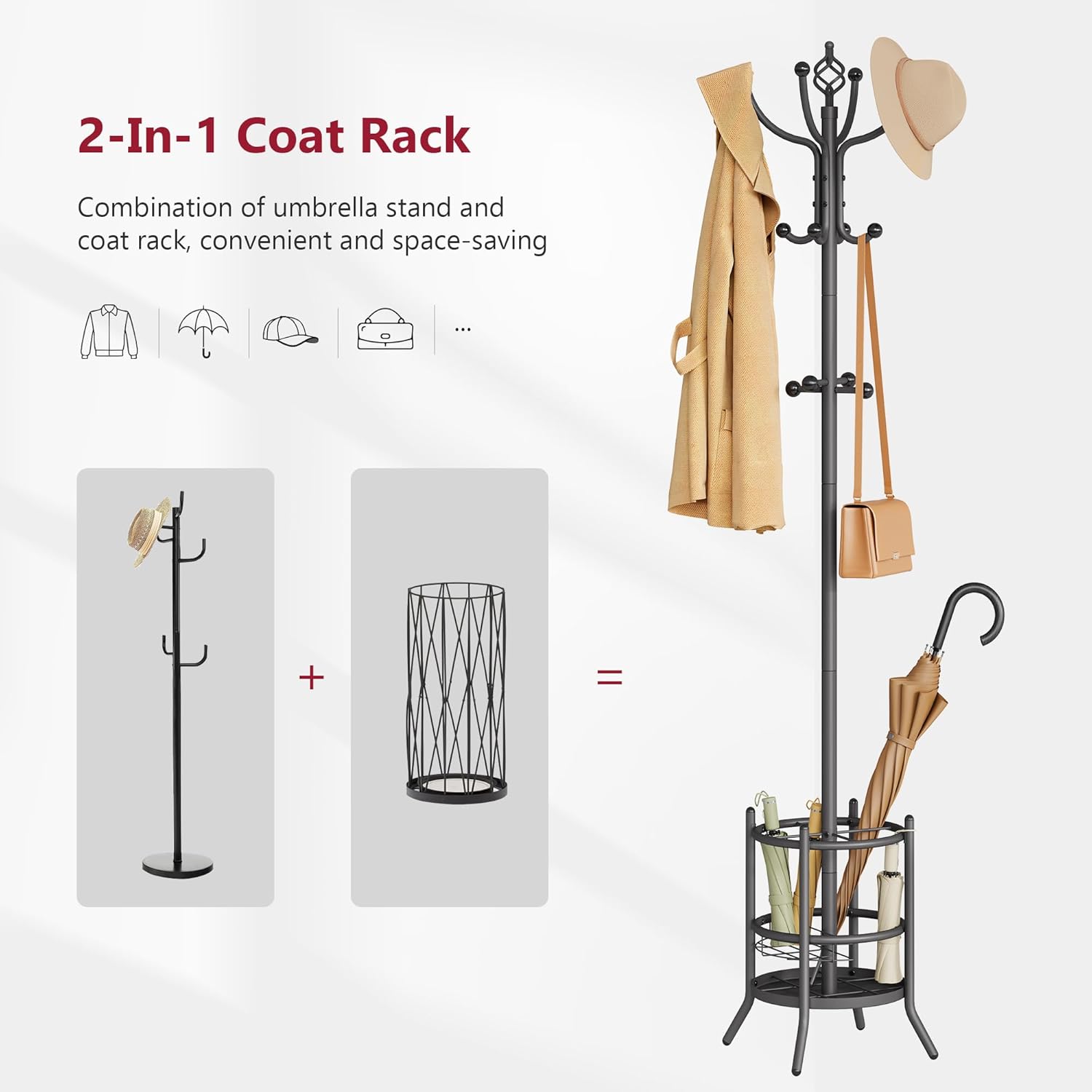 Thumbnail 2 de Tajsoon Porte-manteau autoportant avec porte-parapluie – 16 crochets, gris