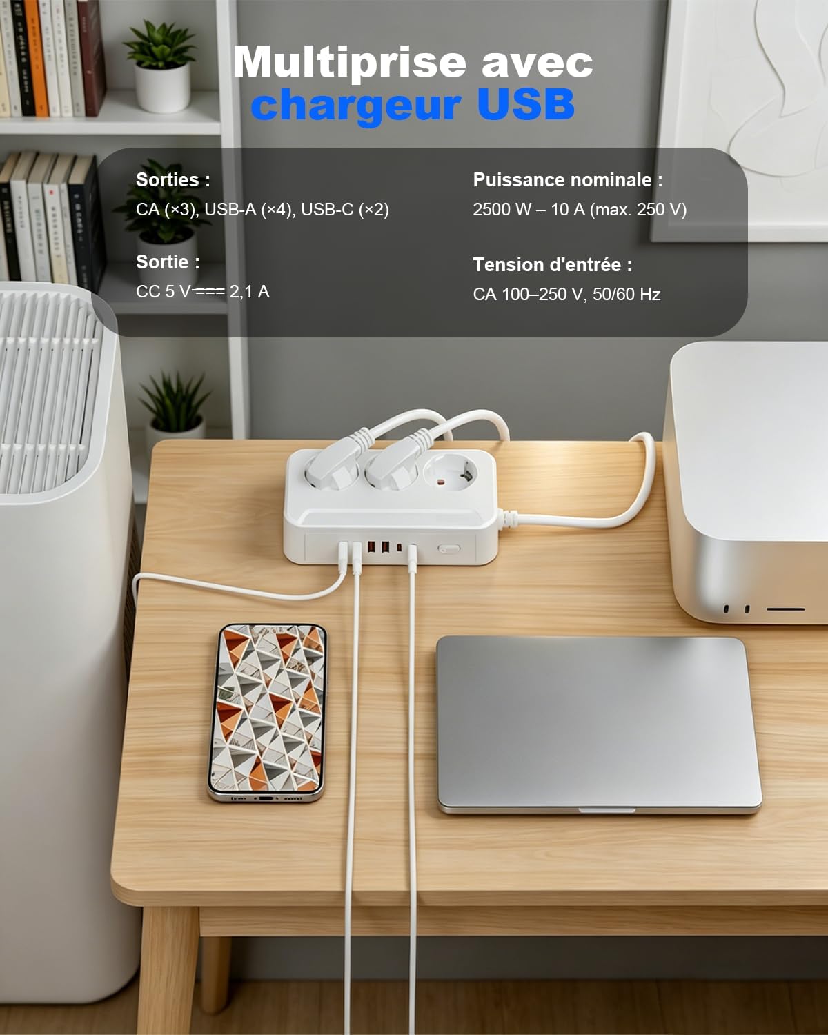 Detalle 2 de Jonurphy stekkerdoos met 3 stopcontacten, 6 USB-poorten en schakelaar