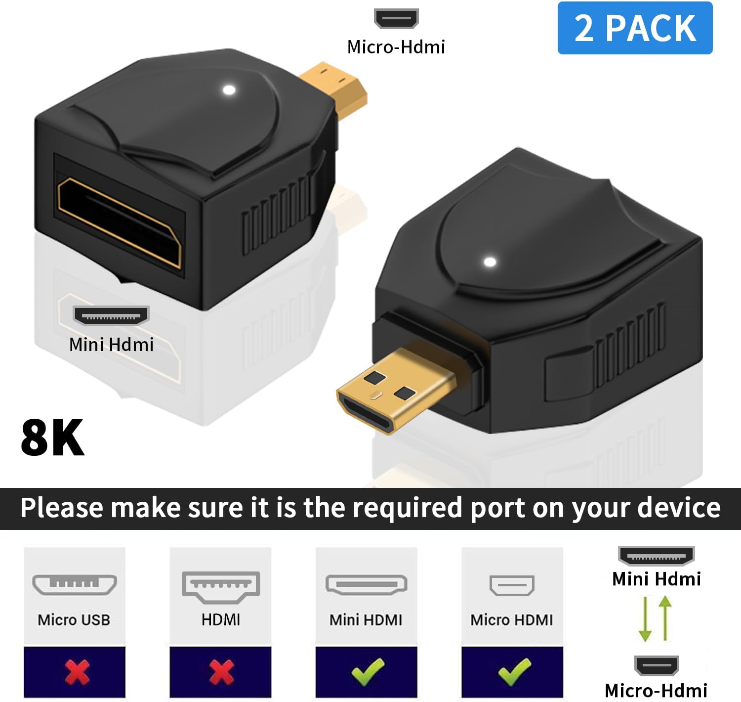 Detalle 2 de Duttek 8K Micro-HDMI (Stecker) auf Mini-HDMI (Buchse) Adapter, 2er-Set (48 Gbit/s, 2.1)