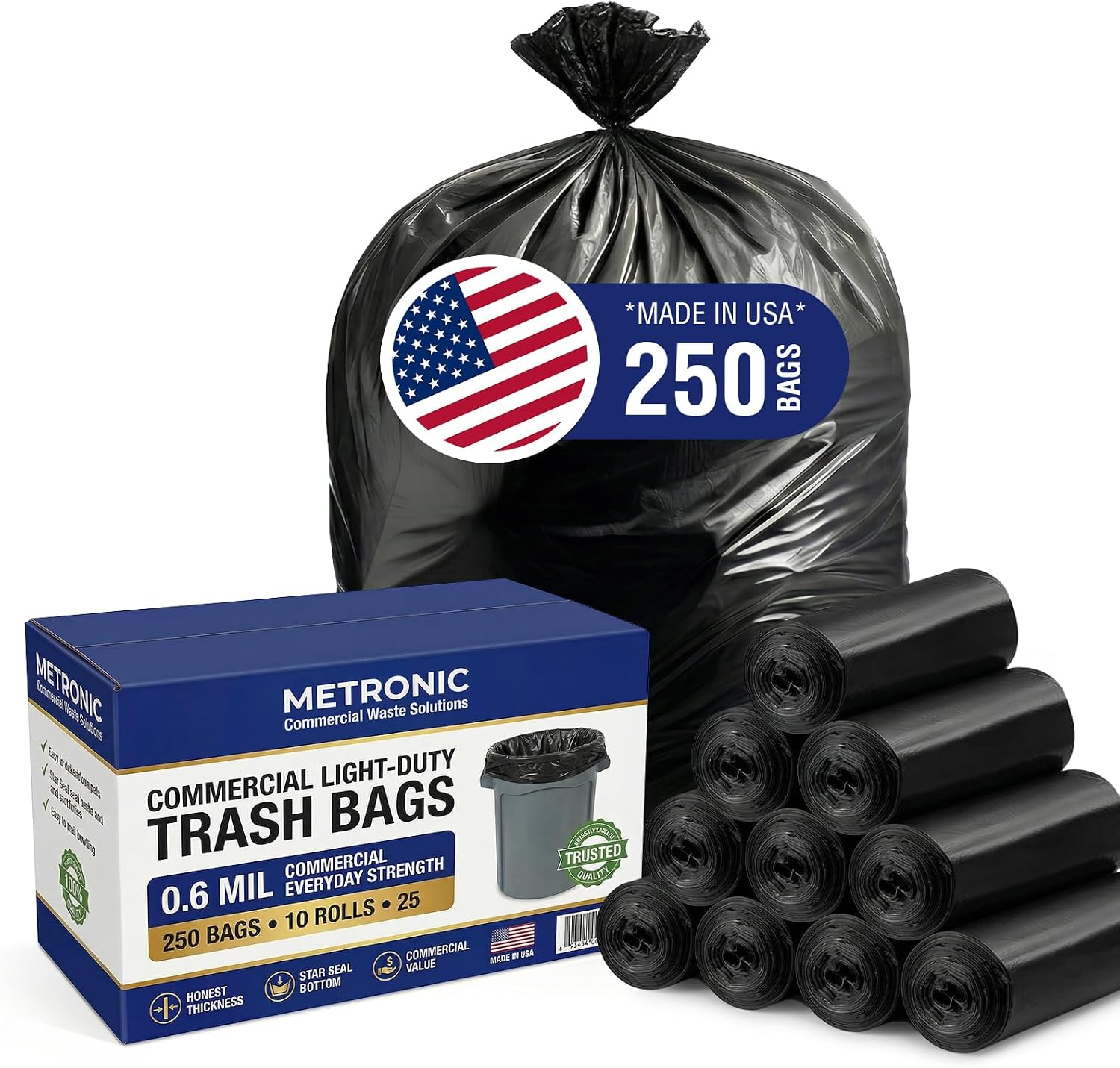 METRONIC 30-33 Gallon Black Trash Bags — 0.6 Mil, 250 Count, 32" x 38" (Made in USA)
