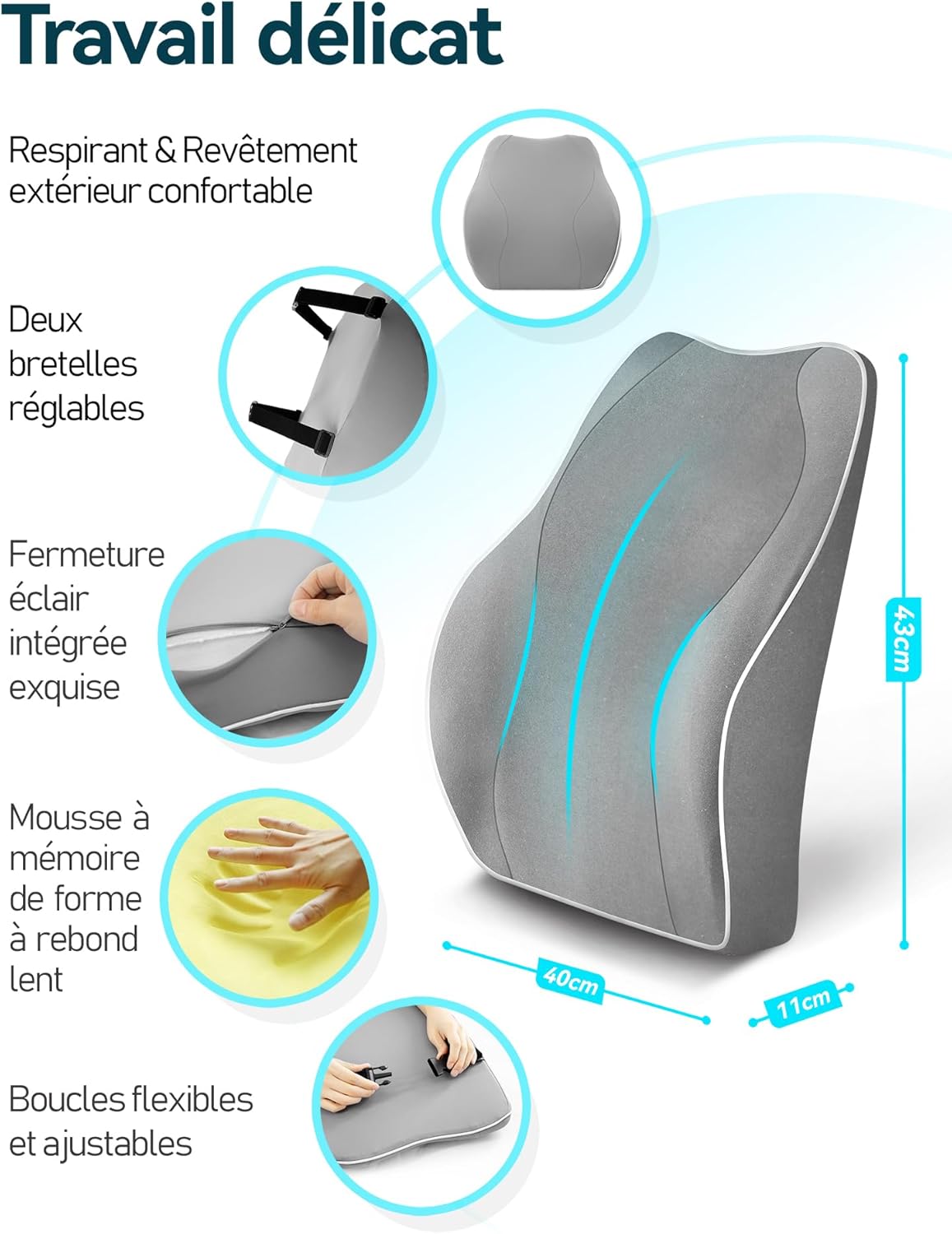 Thumbnail 4 de Travel Ease Coussin de soutien lombaire ergonomique en mousse à mémoire de forme pour siège (gris)