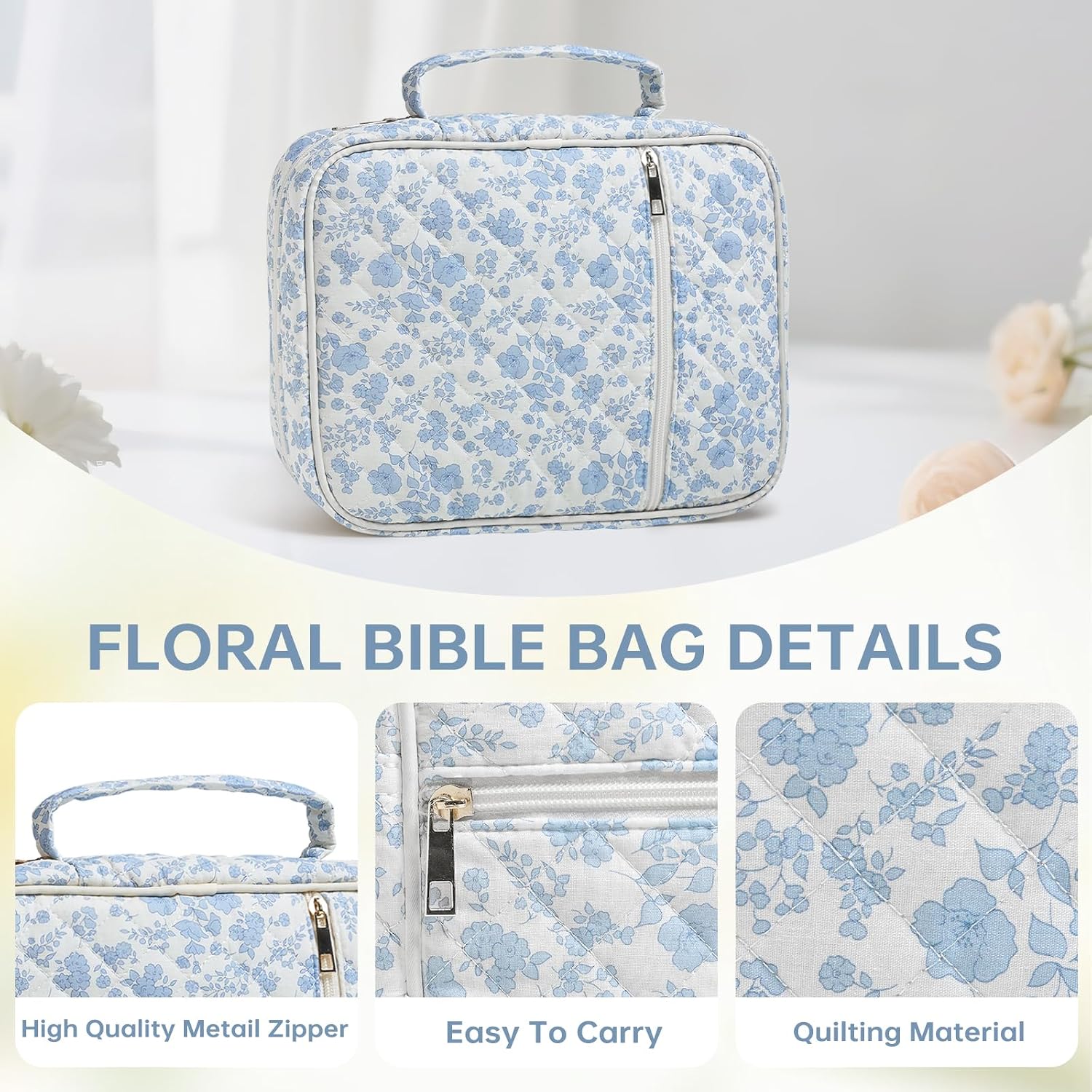 Thumbnail 4 de YKFLY Quilted Bible Cover with Handle, Zipper, and Blue Floral Cotton