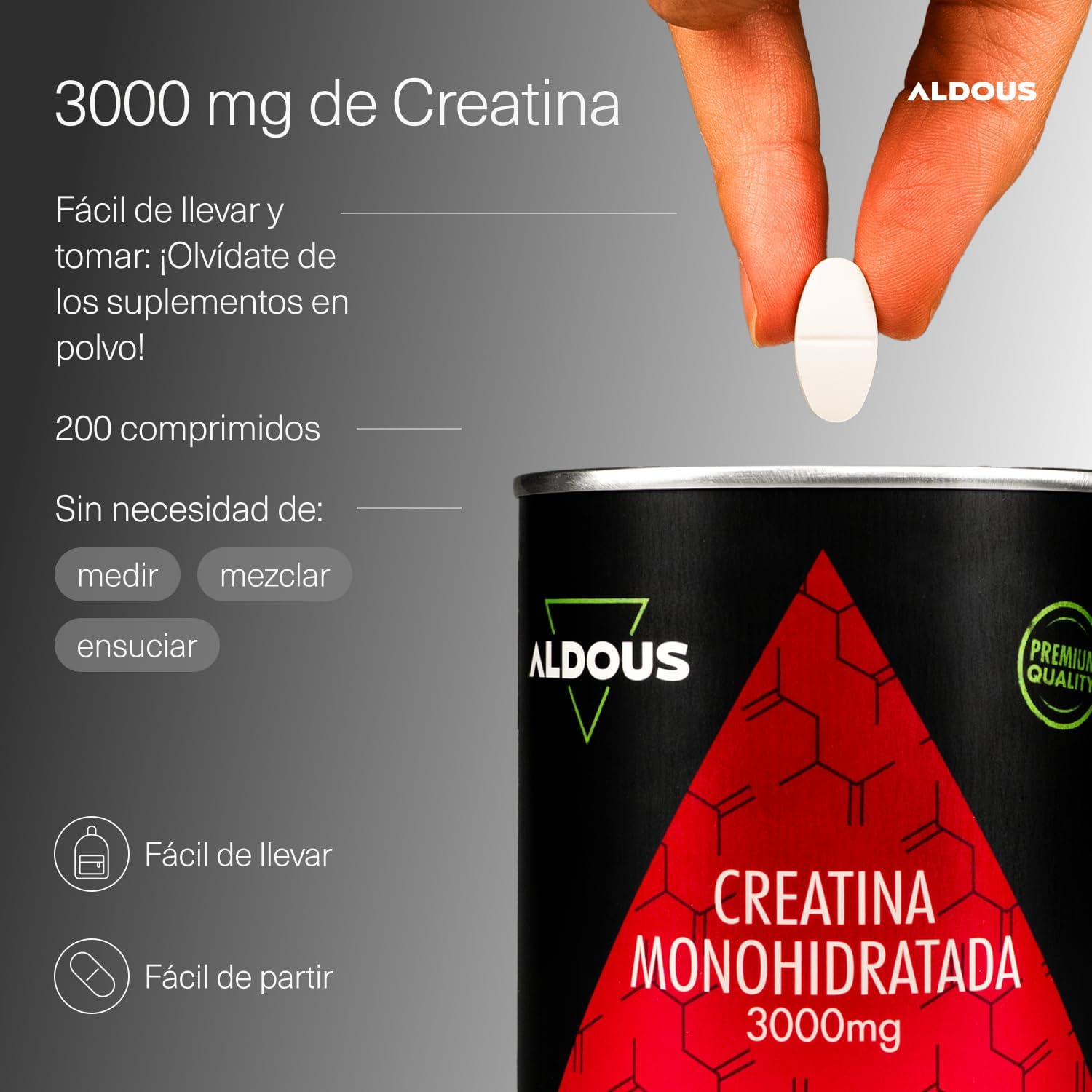 Detalle 2 de Creatina Monohidratada 3000 mg - Aldous Bio, 200 comprimidos