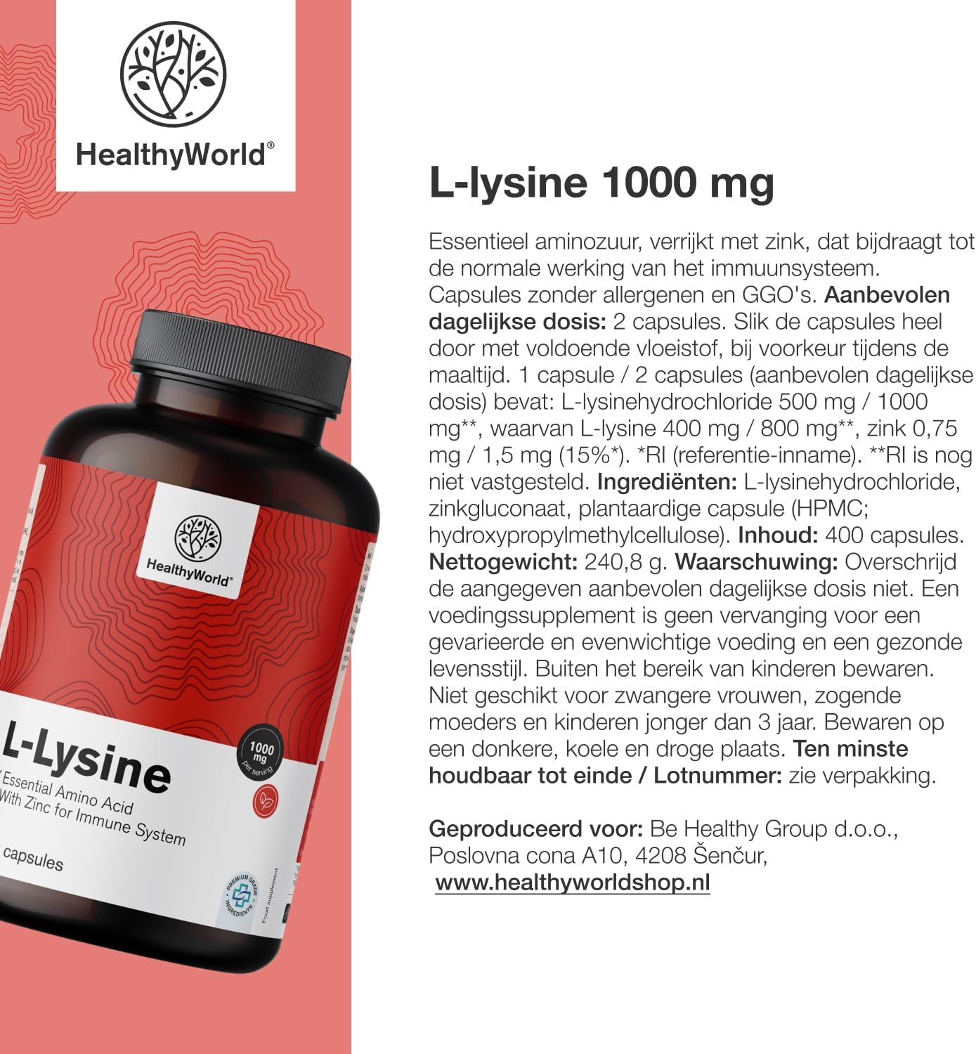 Thumbnail 5 de HealthyWorld L-Lysine Hydrochloride 1000 mg met zink, 400 capsules