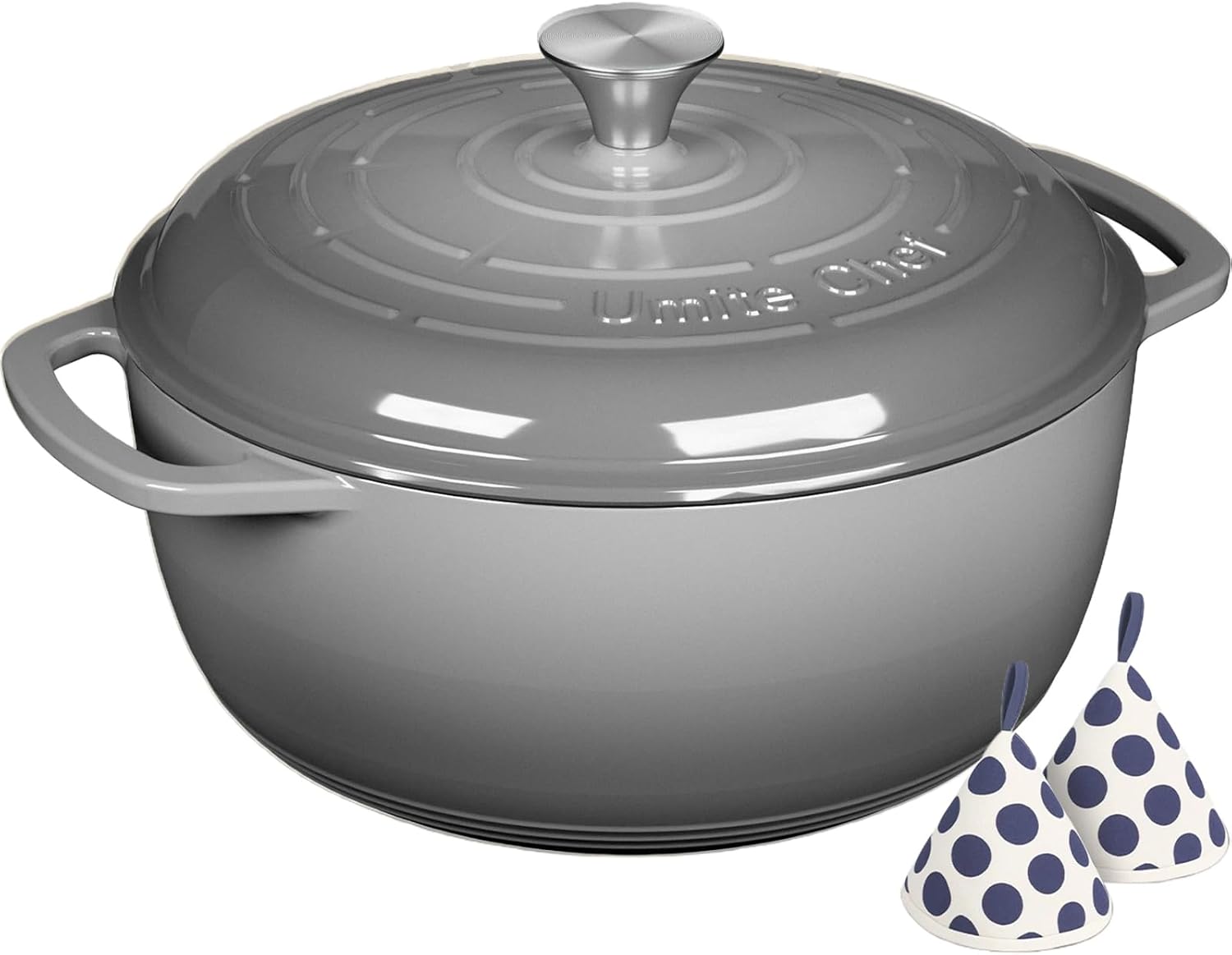 Detalle de Umite Chef 6QT Enameled Cast Iron Dutch Oven with Lid & Cotton Potholders (Grey)