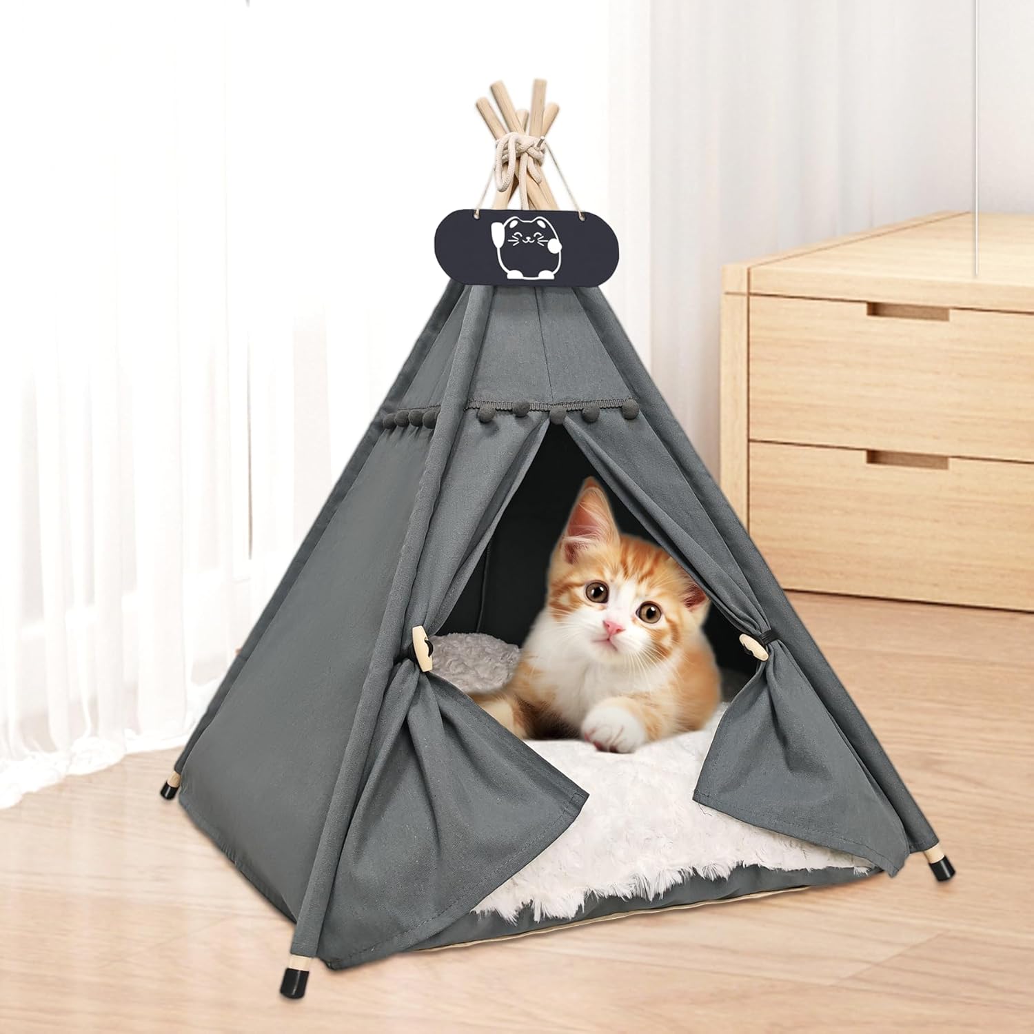 Detalle 2 de Whiwhi Tipi Zelt für Haustiere – Luxus Hundehöhle mit abnehmbarem Doppel-Kissen, 60x60x70 cm