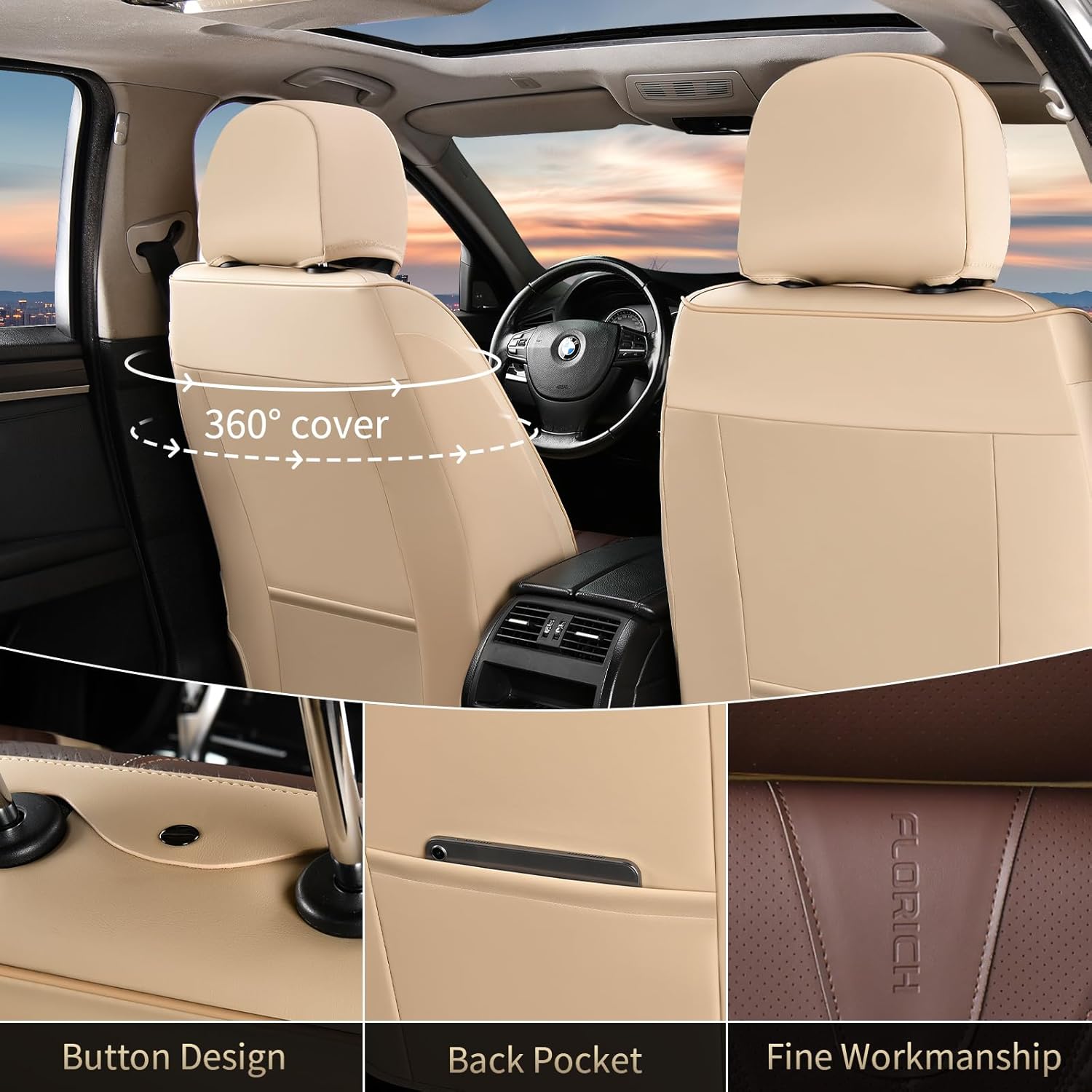 Detalle de FLORICH Front and Back Leather Seat Covers for Cars – Full Set (5 Seats), Beige & Coffee, Universal Fit
