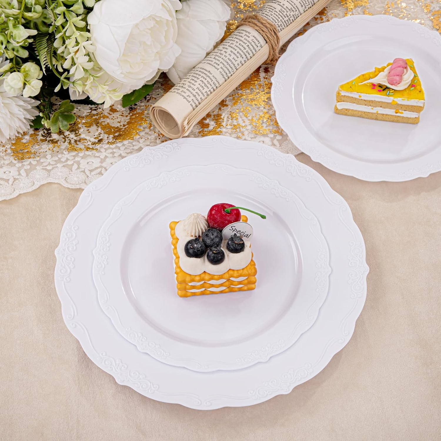 Thumbnail 5 de U-QE 100-Piece White Disposable Plastic Plates (50 Dinner 10" + 50 Dessert 7.5") for Weddings & Parties
