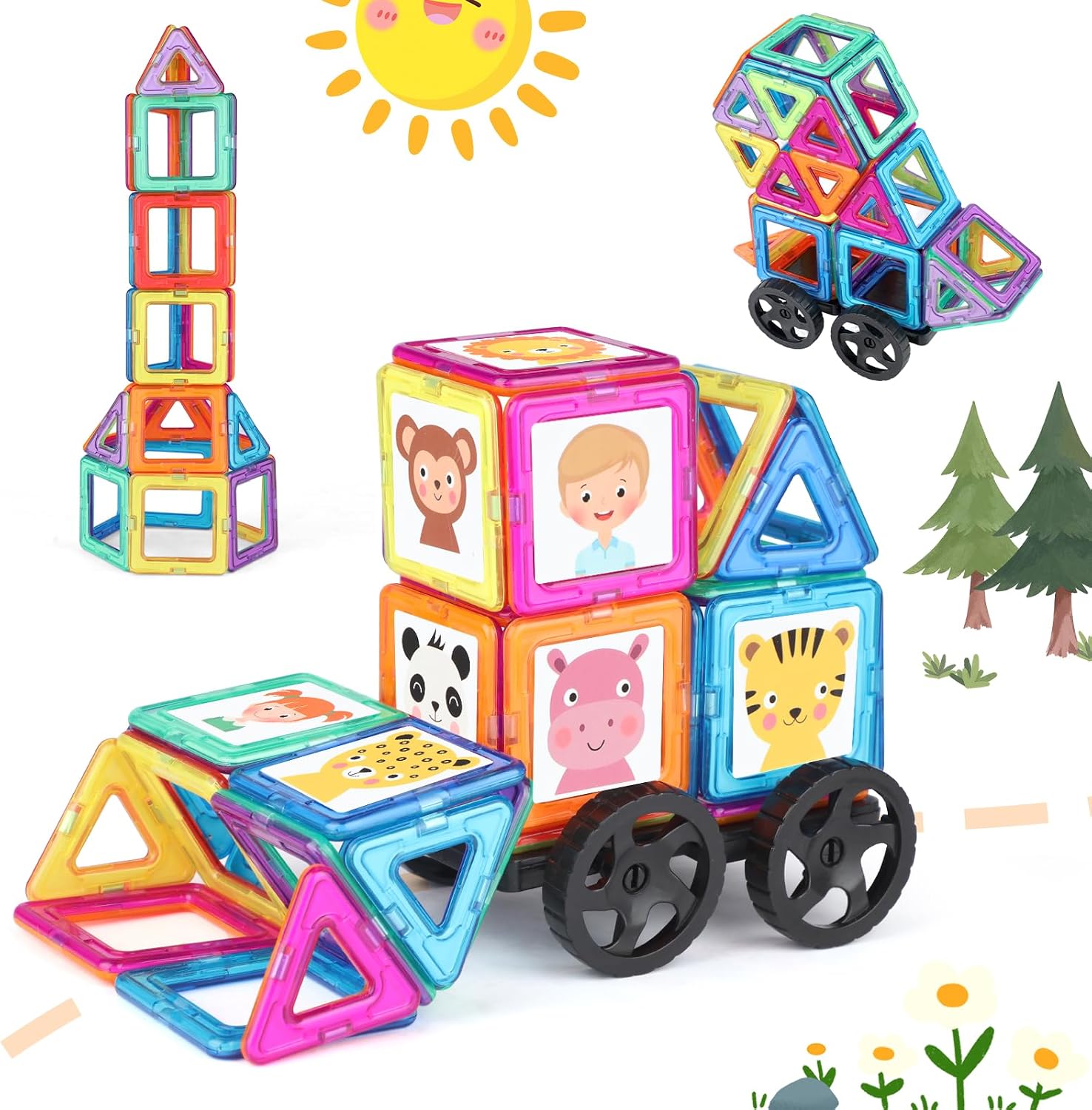 Detalle de Mysoler Magnetische Bausteine 63 Teile – Mini-Magnetbausteine mit Rädern, Lernspielzeug für 3–8 Jahre