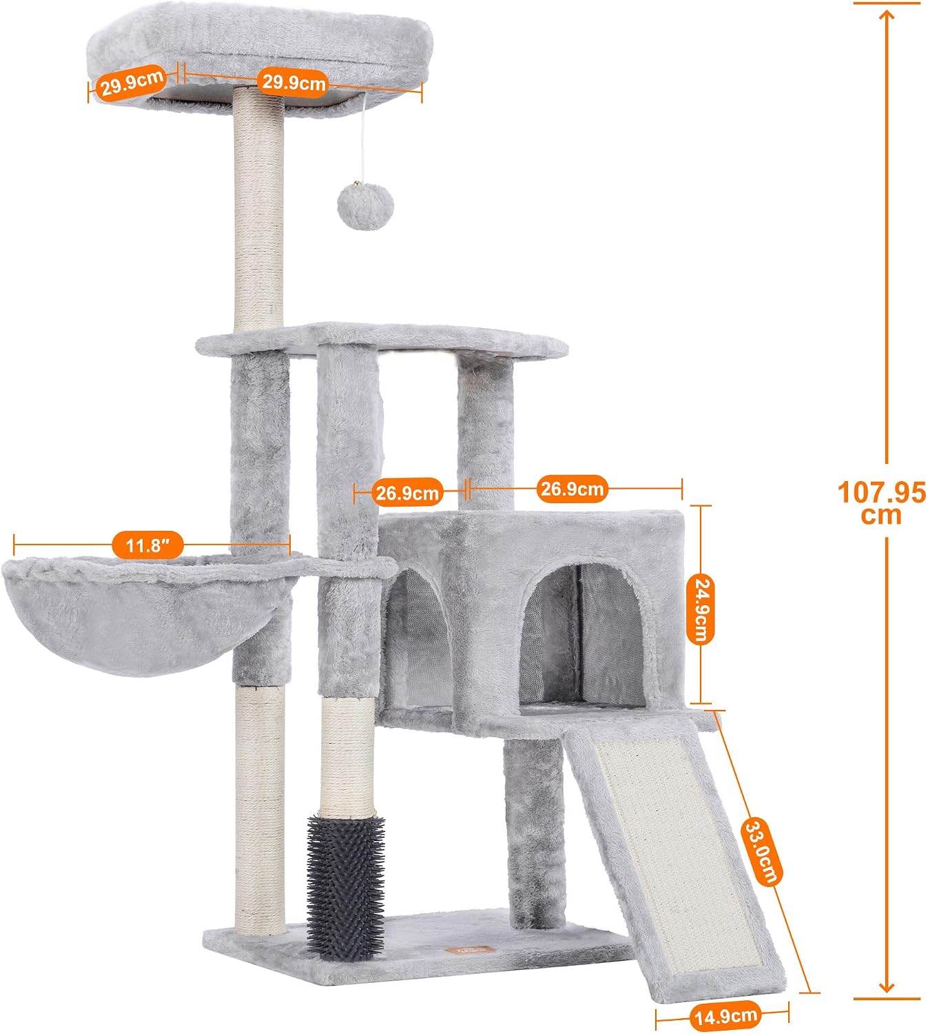 Detalle de Heybly 108cm Cat Tree with Self Groomer Brush and Kitty Condo (Light Gray HCT005SW)