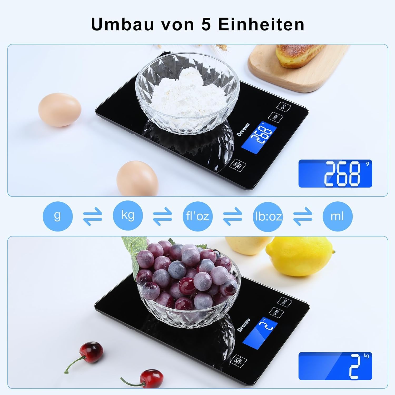 Detalle de Drcowu K72H digitale keukenweegschaal, 15 kg, 1 g en gehard glas