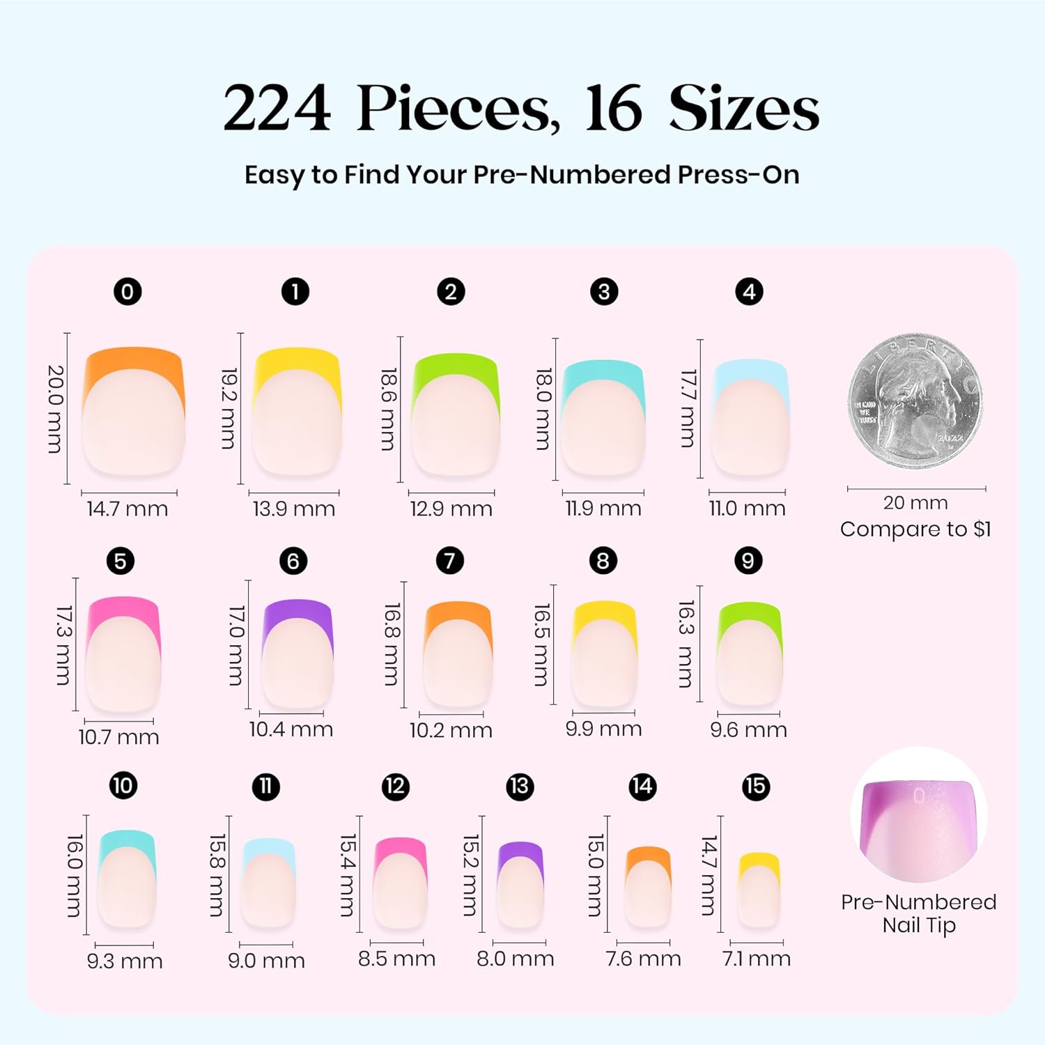 Detalle de Beetles Summer Press On Nails (224 pcs, 7 colors) Short Square French Tip False Nails