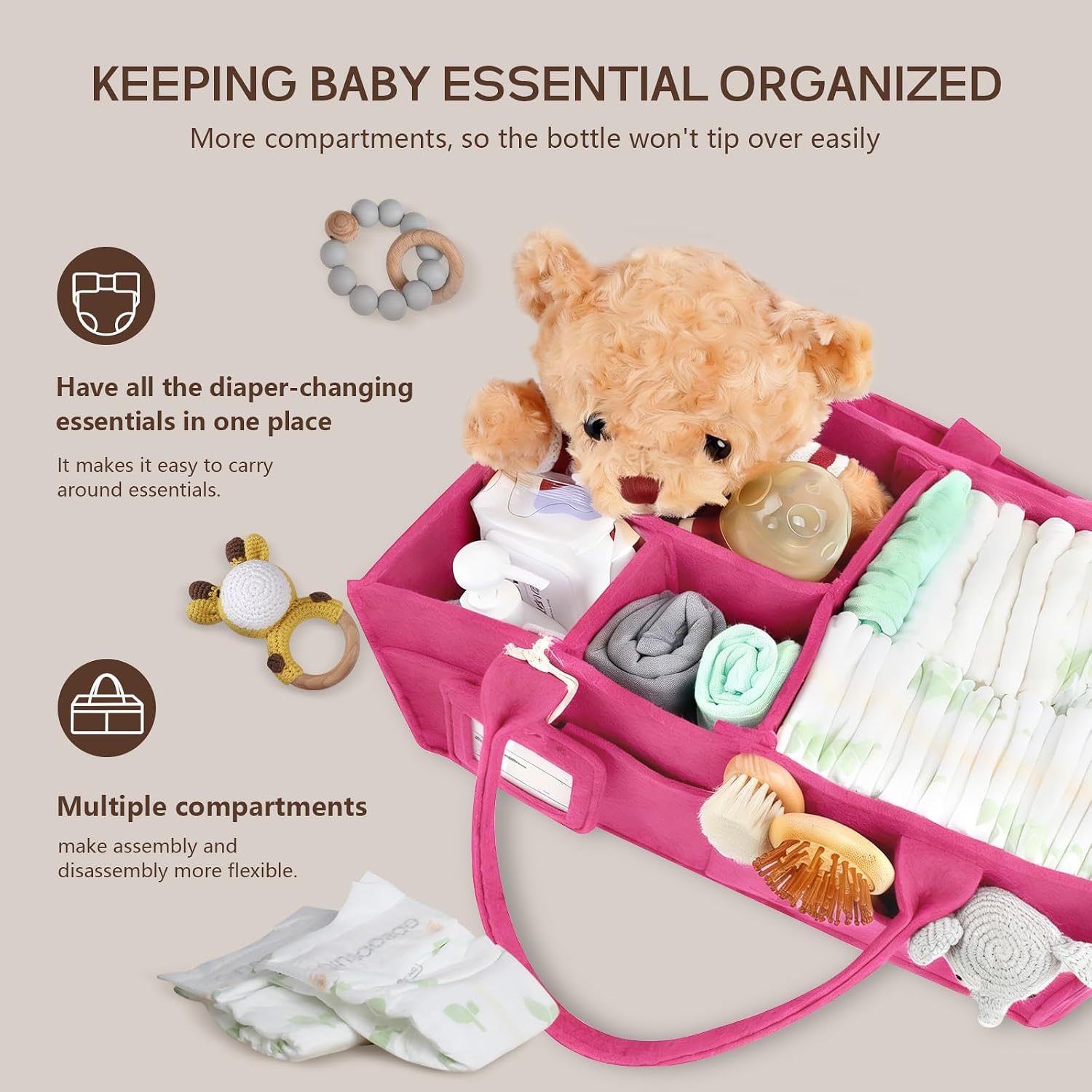 Detalle de GEMII diaper caddy organizer, Large Pink Felt Baby Caddy with Handle
